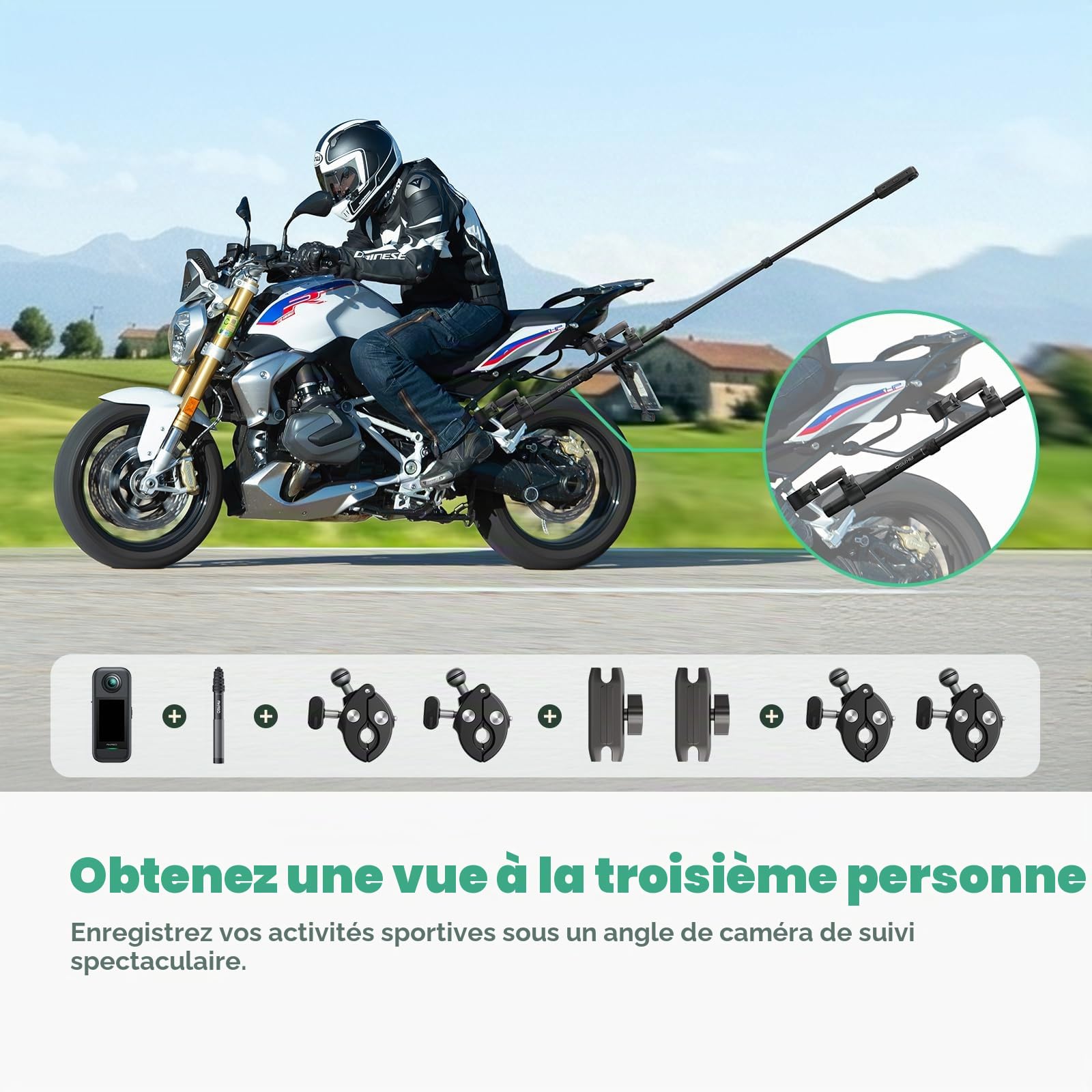 AKASO 360 Kit Moto pour Caméra d'action, Camera Sport à 360° avec Carte Mémoire 128 Go, 5.7K 360 Vidéo, 72MP Photo, SuperSmooth, 2.29" Écran Tactile, Effet Selfie Stick Invisible, Horizon 360° Lock