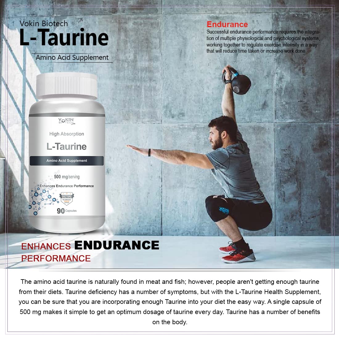 Vokin biotech L-Taurine - Amino Acid Supplement - 500mg (90 capsules) - Image 6 thumbnail