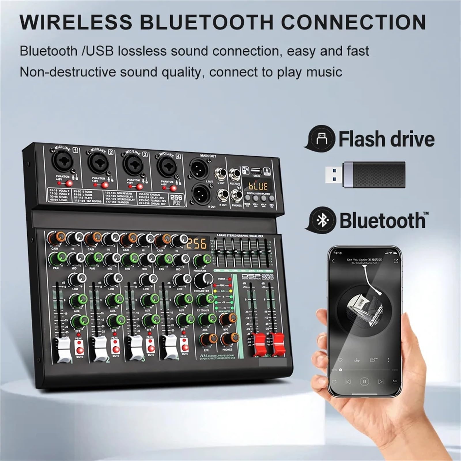 Mixer con effetti DSP a 4 canali, 256 canali, registrazione, PC, alimentazione Phantom a 48 V, mixer USB, console DJ Bluetooth, mixaggio