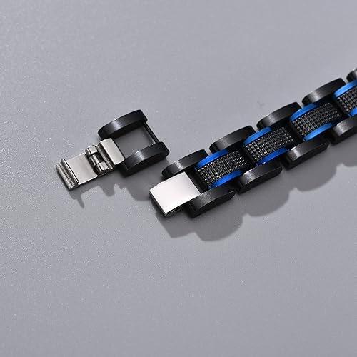 Miniatura 6 de VNOX Pulseras de identificación de alerta médica de emergencia con grabado personalizado de dos tonos negro azul para hombres, esposo y padre