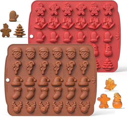 Moldes de chocolate de Navidad, 2 moldes de silicona para dulces con pan de jengibre, Papá Noel, diseño de campanas de alce y Navidad, moldes para