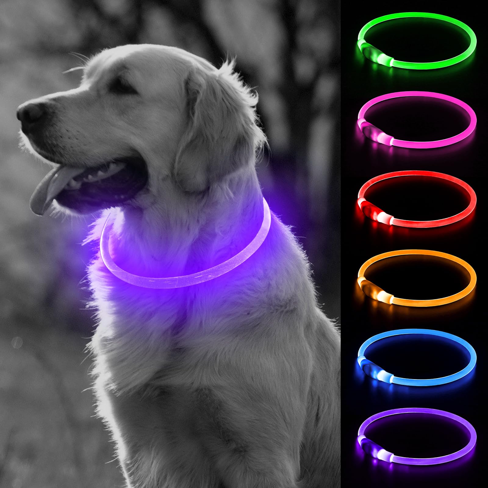 BSEEN Light Up Dog Collar, Rechargeable LED Puppy Collar Waterproof Glowing Pet Collar TPU Cuttable Lighted Dog Collar for Small Medium Large Dogs (