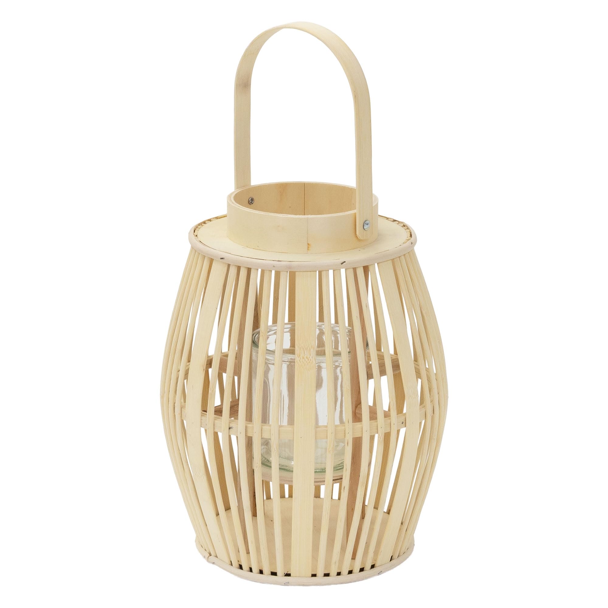 ECD Germany Linterna de Bambú de Madera, 44cm de Altura, Portavelas de Jardín con Asa y Inserto de Cristal, Farolillo de Estilo Boho, Lámpara Colgante Interior/Exterior Decorativo para Terraza, Balcón