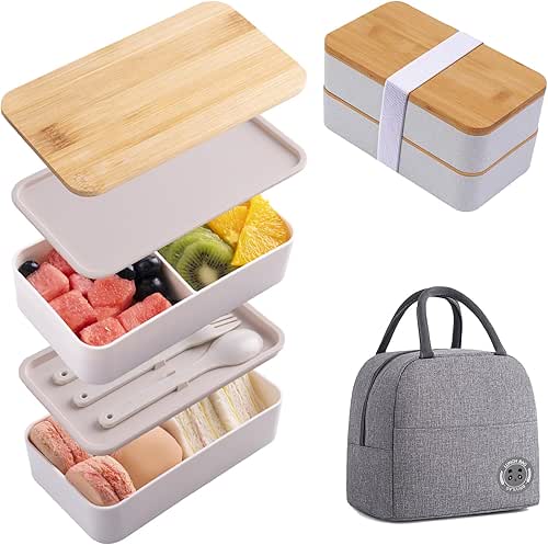 Japanese Bamboo Bento Box with Compartments and Utensils Stackable Lunch
