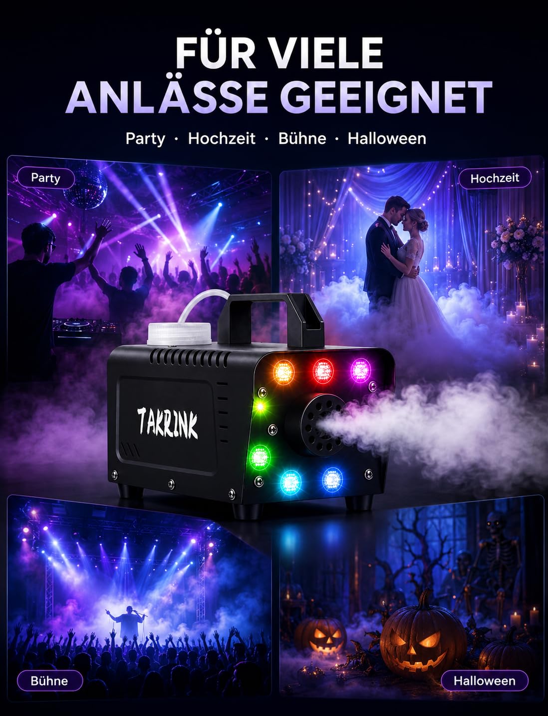 TAKRINK 900W Nebelmaschine Rauchmaschine Nebel Maschine 16 Farben RGB Lichteffekt Mini Nebelmaschine mit Fernbedienung für DJ Disco Party, Hochzeiten, Halloween und Bühnenshows(Standard) | 8 LED RGB 16 Farben Rauch Effekt Licht 0,3 L Tank und Fernbedienun