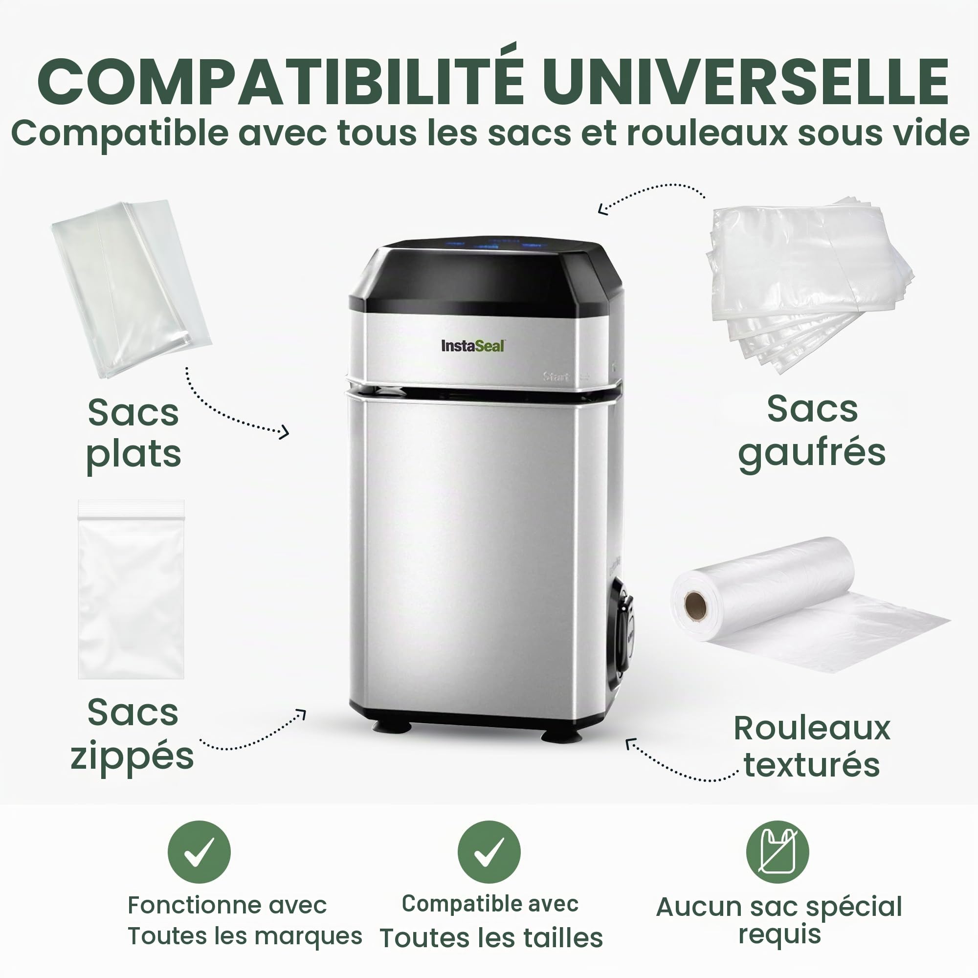 InstaSeal Machine à emballer sous vide pour aliments avec 12 sacs, la machine à emballer sous vide brevetée permet de sceller sous vide les liquides, scellant sous vide pour les aliments et garde les
