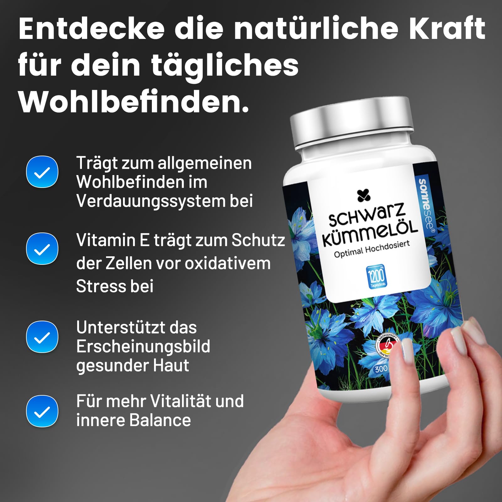 Schwarzkümmelöl 1200 mg hochdosiert – 300 Kapseln – Kaltgepresst & Natürlich – Mit Vitamin E zum Zellschutz – Unterstützung für Immunsystem & allgemeines Wohlbefinden