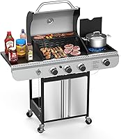 Electactic 3-Burner Propane Gas Grill with Side Burner, 37,000 BTU Stainless Steel BBQ Grill, Porcelain-Enameled Grates for Patio Backyard Camping