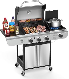 Electactic 3-Burner Propane Gas Grill with Side Burner, 37,000 BTU Stainless Steel BBQ Grill, Porcelain-Enameled Grates for Patio Backyard Camping