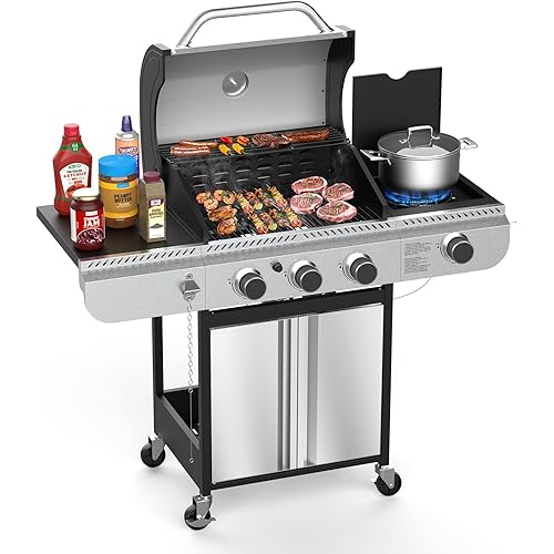 3-Burner Propane Gas BBQ Grill with Side Burner,Stainless Steel Grill with Porcelain-Enameled Grates,37000 BTU Barbecue Grill, Suitable for Outdoor Cooking,Camping,Patio Backyard