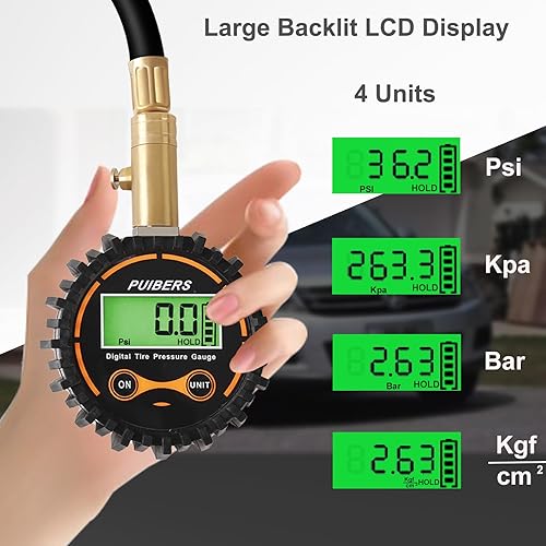 Miniatura 2 de Medidor de presión de neumáticos digital para automóviles de 200 PSI, medidores de neumáticos Puibers para presión de neumáticos digitales con