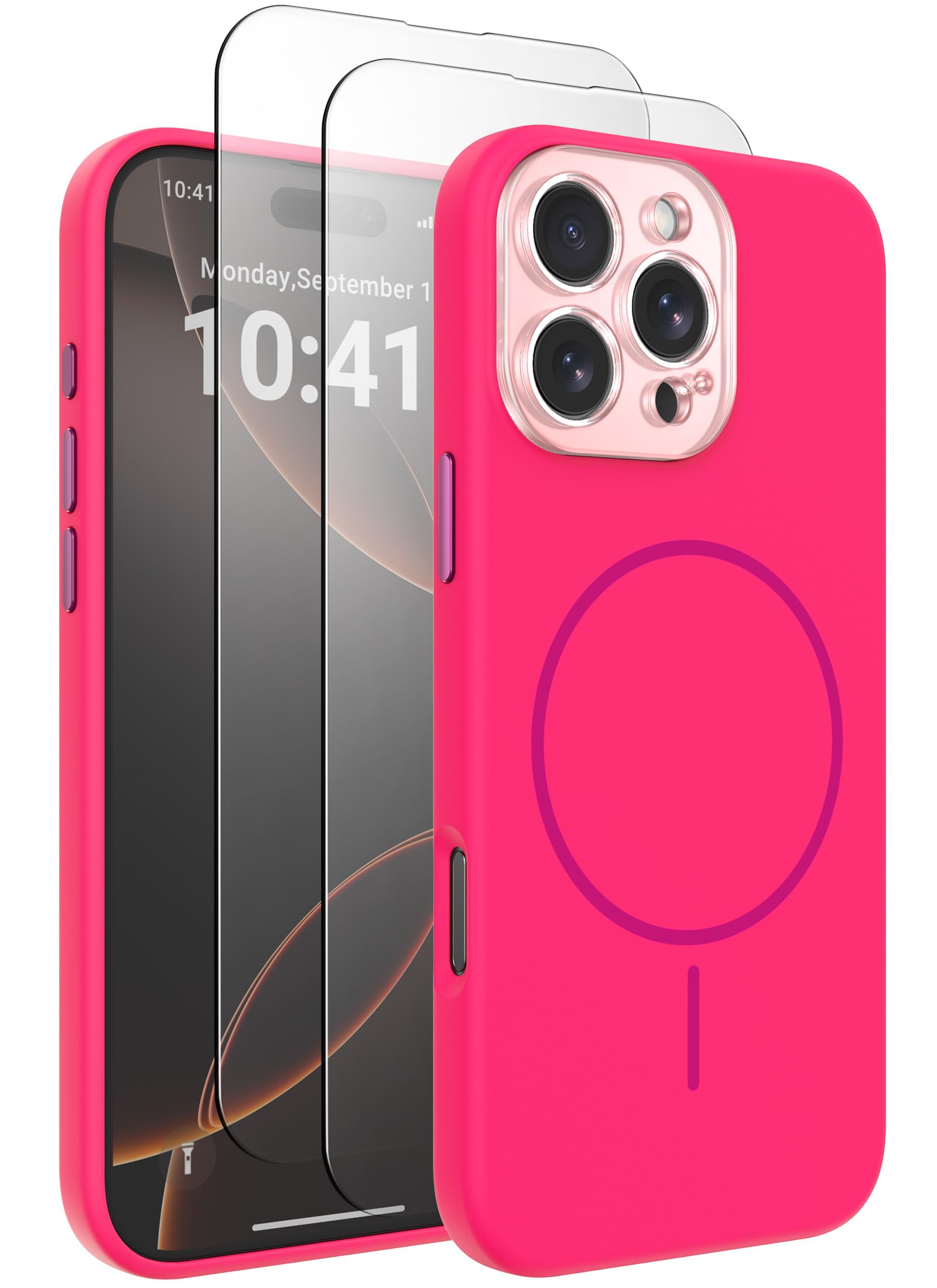 BNAAGO Magnetic Silicone Case for iPhone 16 Pro Max Case with 2 Screen Protector, Upgraded Hard Acrylic Camera Protector Soft Slim Stylish Cute Phone