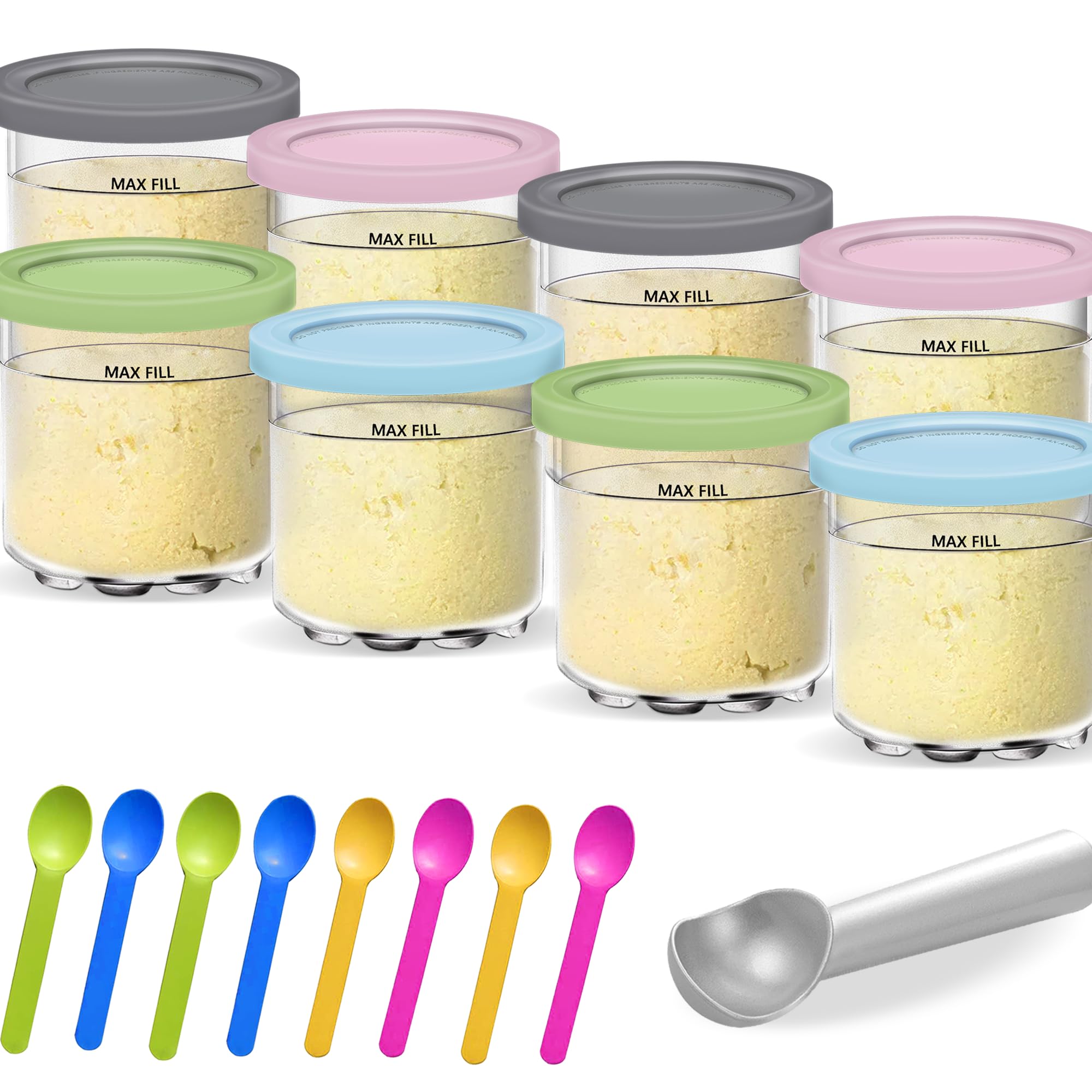 Creami Pints and Lids for Ninja - 8 pack Creamy Icecream Containers Cups Tubs Set, Smoothie Pot Compatible with NC299AMZ NC300s Series Creamer Ice Cream Maker Machine Accessories Replacement Parts