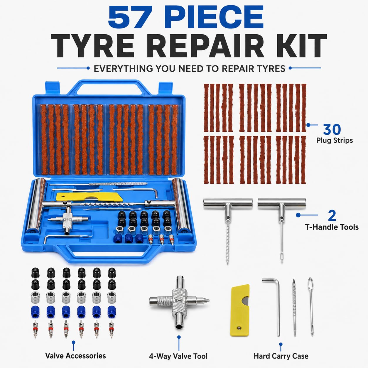 Kit di Riparazione Pneumatici 57 Pezzi Set di Emergenza Tubeless