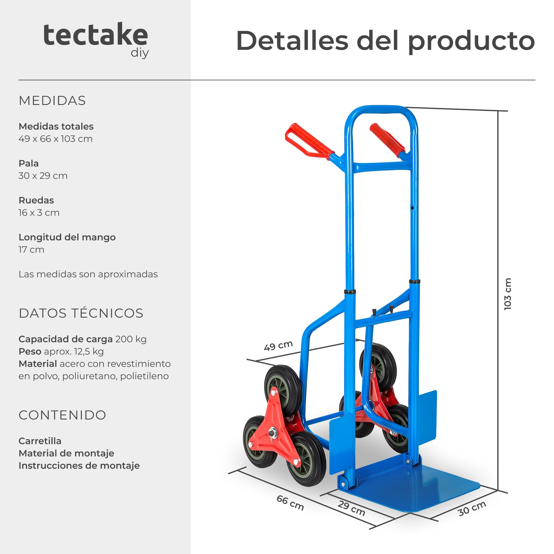 TecTake® Carretilla de Mano Plegable con Ruedas de Goma Dura, Altura Ajustable, Pala de Carga Plegable con Guardabarros, Ruedas para Subir Escaleras, Carretilla de Carga - 200kg de Carga