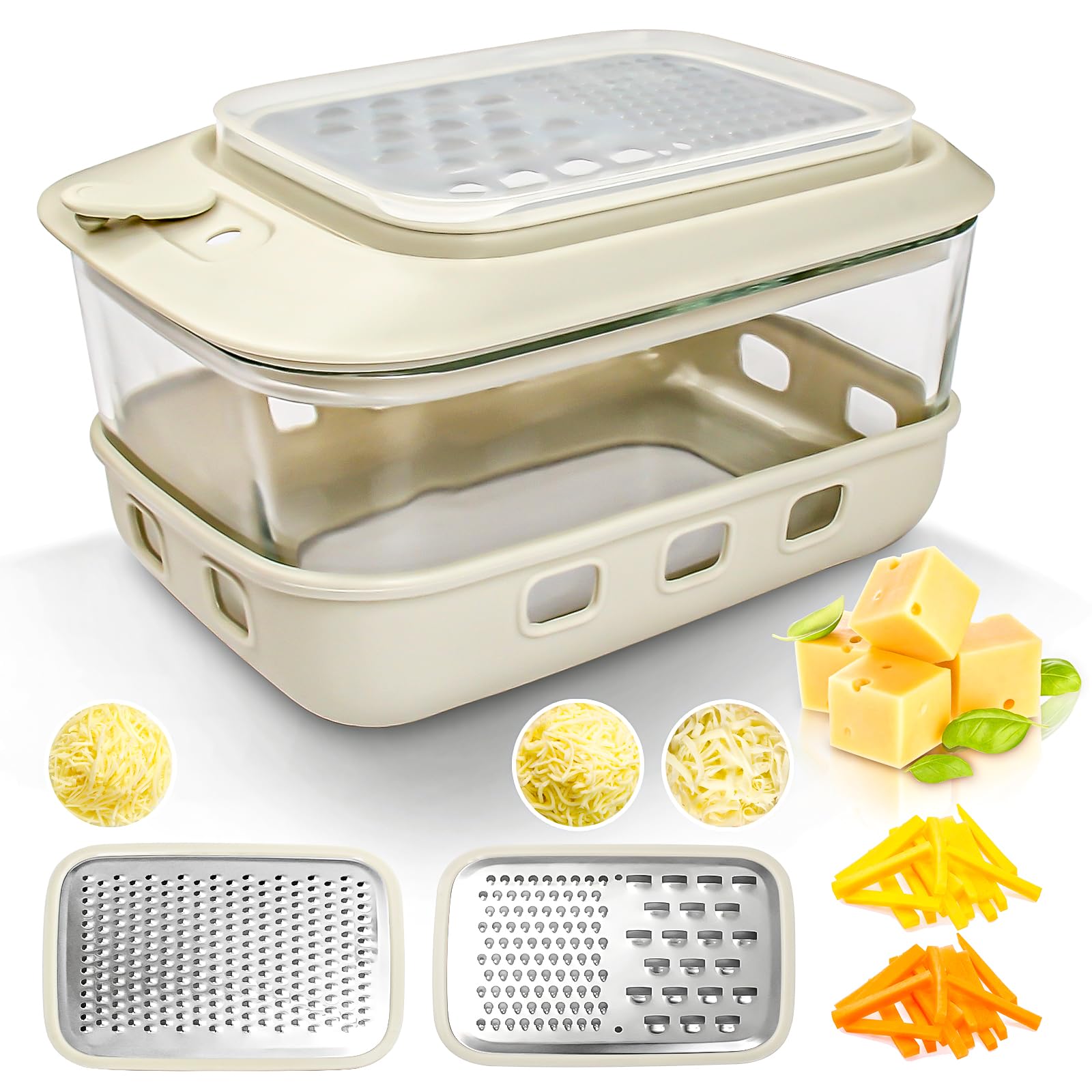 COOK A FUTURE Käsereibe mit Glas Behälter und Deckel,Käsereibe mit Silikonhüllen,Handreibe,für grobes, mittleres, feines,für geschredderten Käse, Ingwer, Zitrone, Karotte, Gemüse