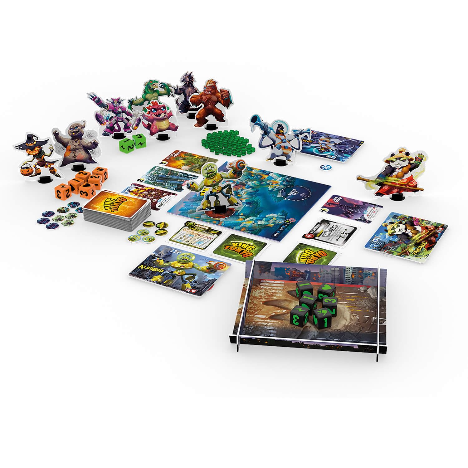 IELLO, King of Tokyo Monsterbox – Grundspiel mit Erweiterungen, taktisches Würfelspiel, rasante Kämpfe & Powerkarten, Für 2–6 Spieler ab 8 Jahren