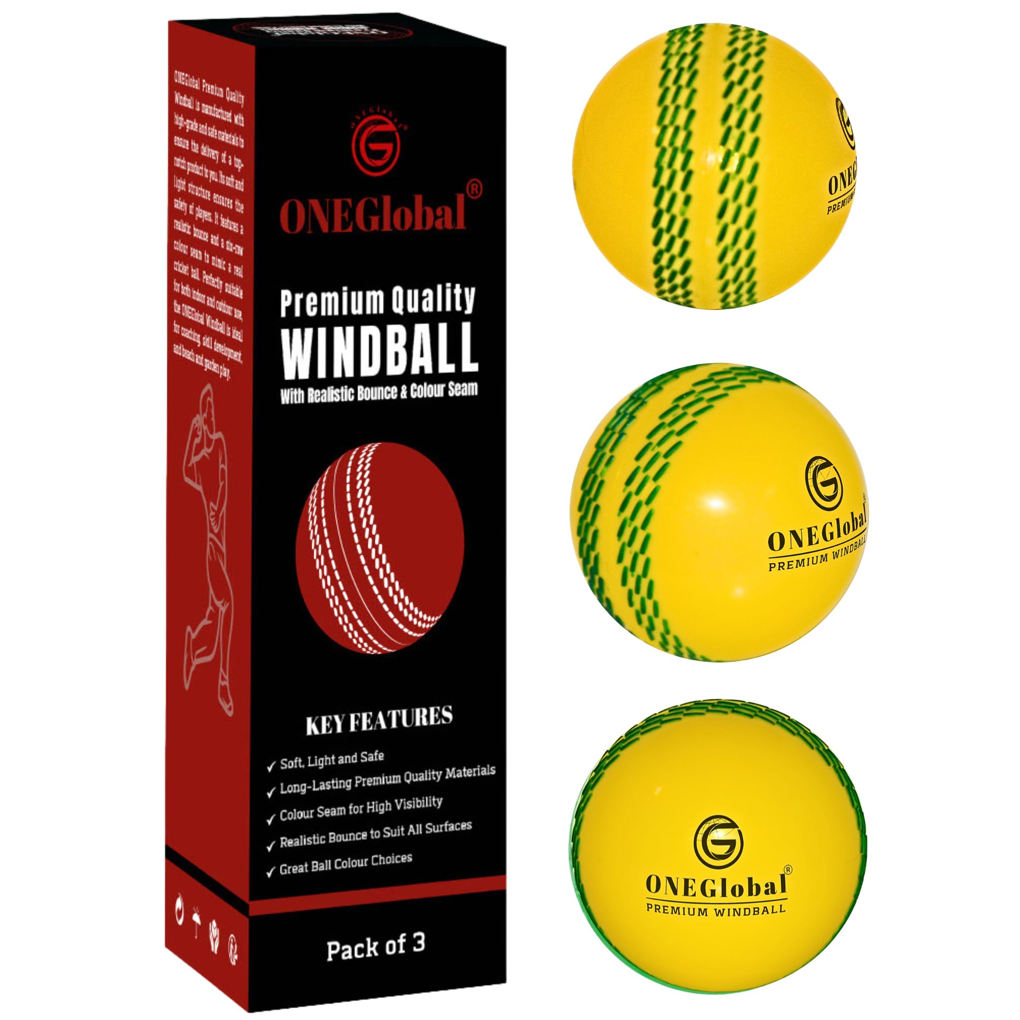 ONEGlobal Premium Windball Soft Cricket Ball | Durable, Colour Seam, True Bounce & Swing | Wind Ball Cricket Balls for Indoor & Outdoor Practice, Coaching, Garden & Beach Games