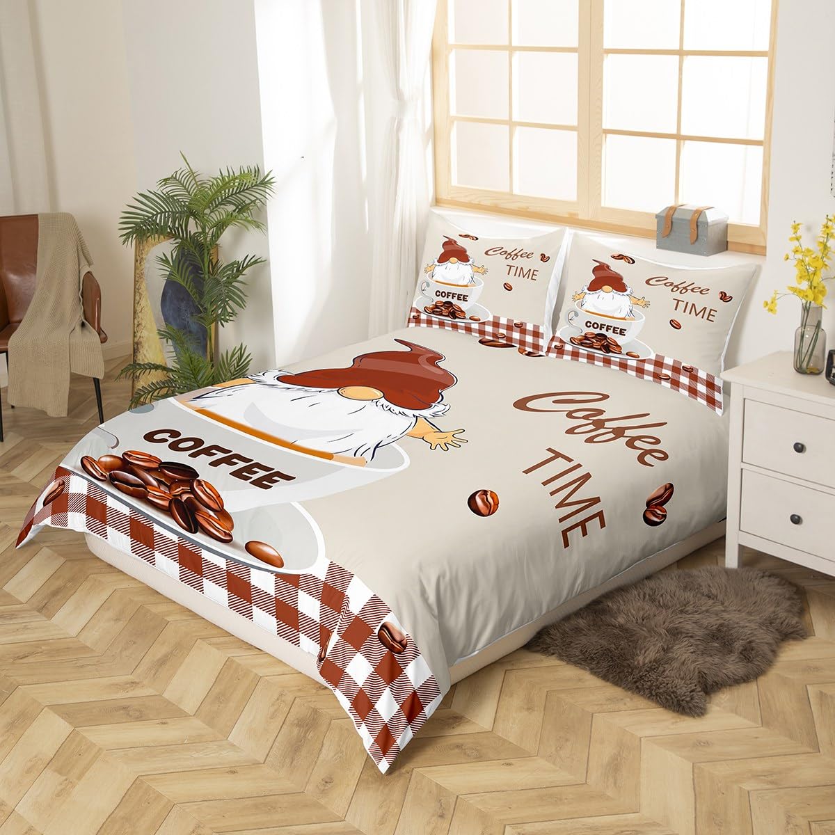 Manfei Cute Gnome Kids Duvet Cover Set King Size, Coffee and Cup Comforter Cover - Image 2