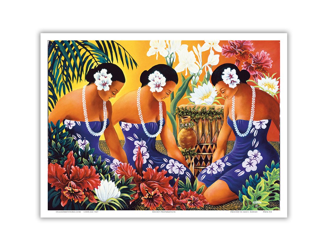 Pacifica Island Art Silent Preparation - Hawaiian Hula Dancers - Original Color Painting by Warren Rapozo - Hawaiian Master Art Print 9" x 12" PRTA514