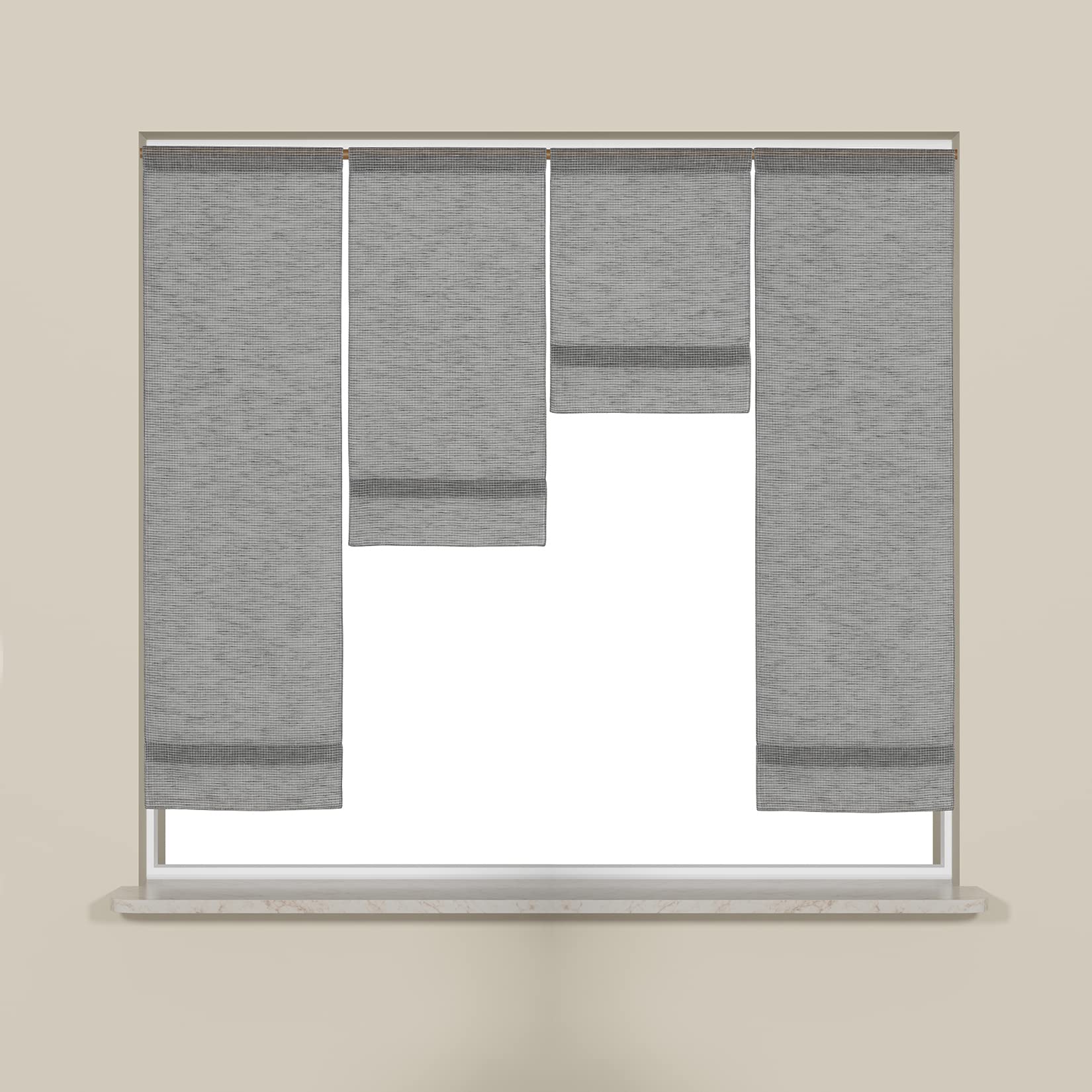 Design Mini Flächenvorhang Set grau kariert | 4050-04 | 4 Teile | Scheibengardine Gesamtbreite 120cm (4x30cm) Höhe 80/60/40/80cm |