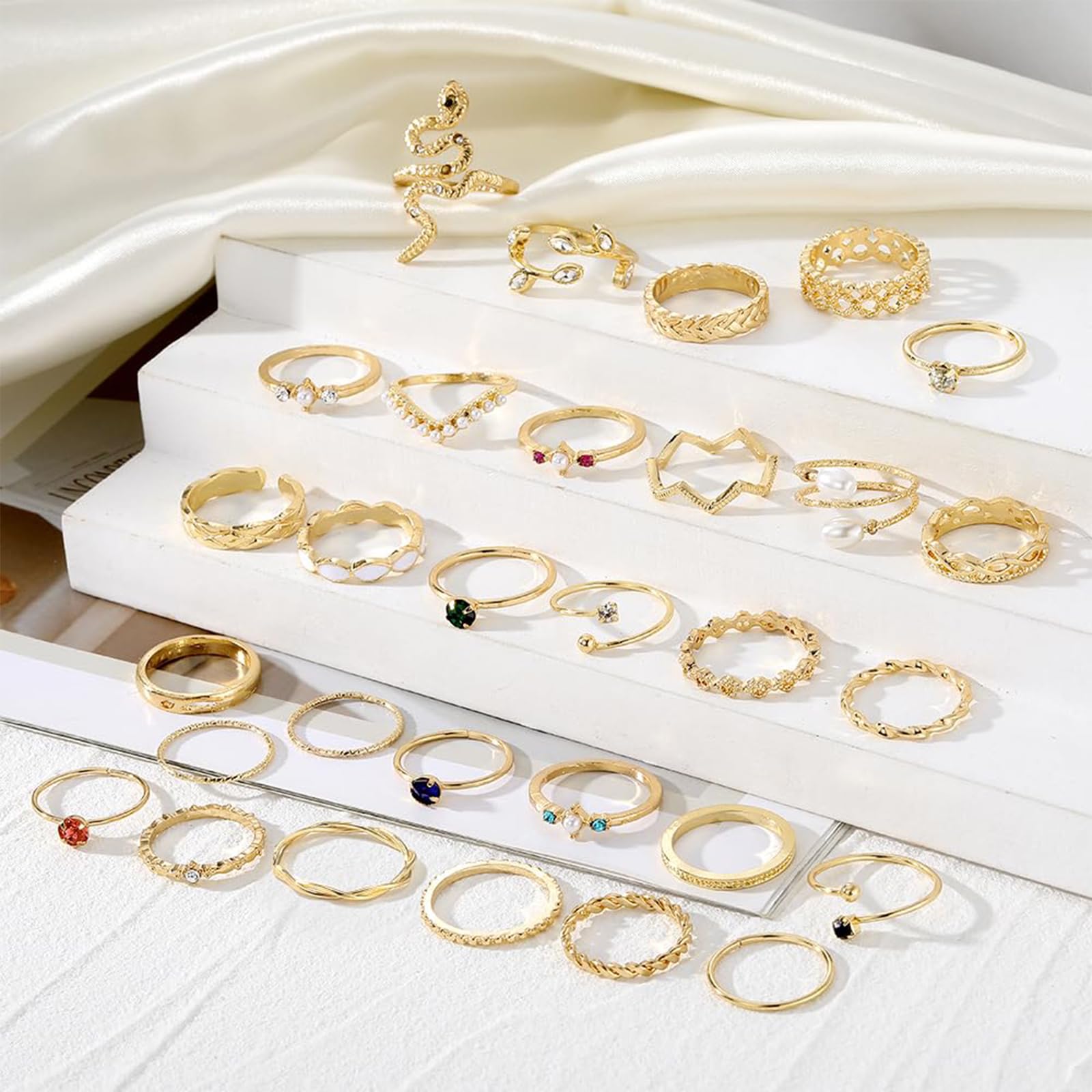 GlamRays Set Di 10 Anelli Impilabili In Oro 14 Carati – Aperti E Regolabili – Gioielli Alla Moda Per Donne E Ragazze (Taglia L, Oro)