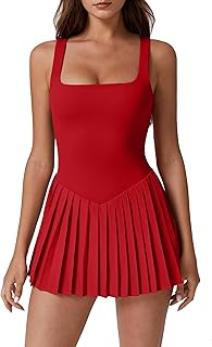 Womens Square Neck Tennis Dress Pleated Sleeveless Built in Shorts Golf Athletic Dress with Pockets - Buy now