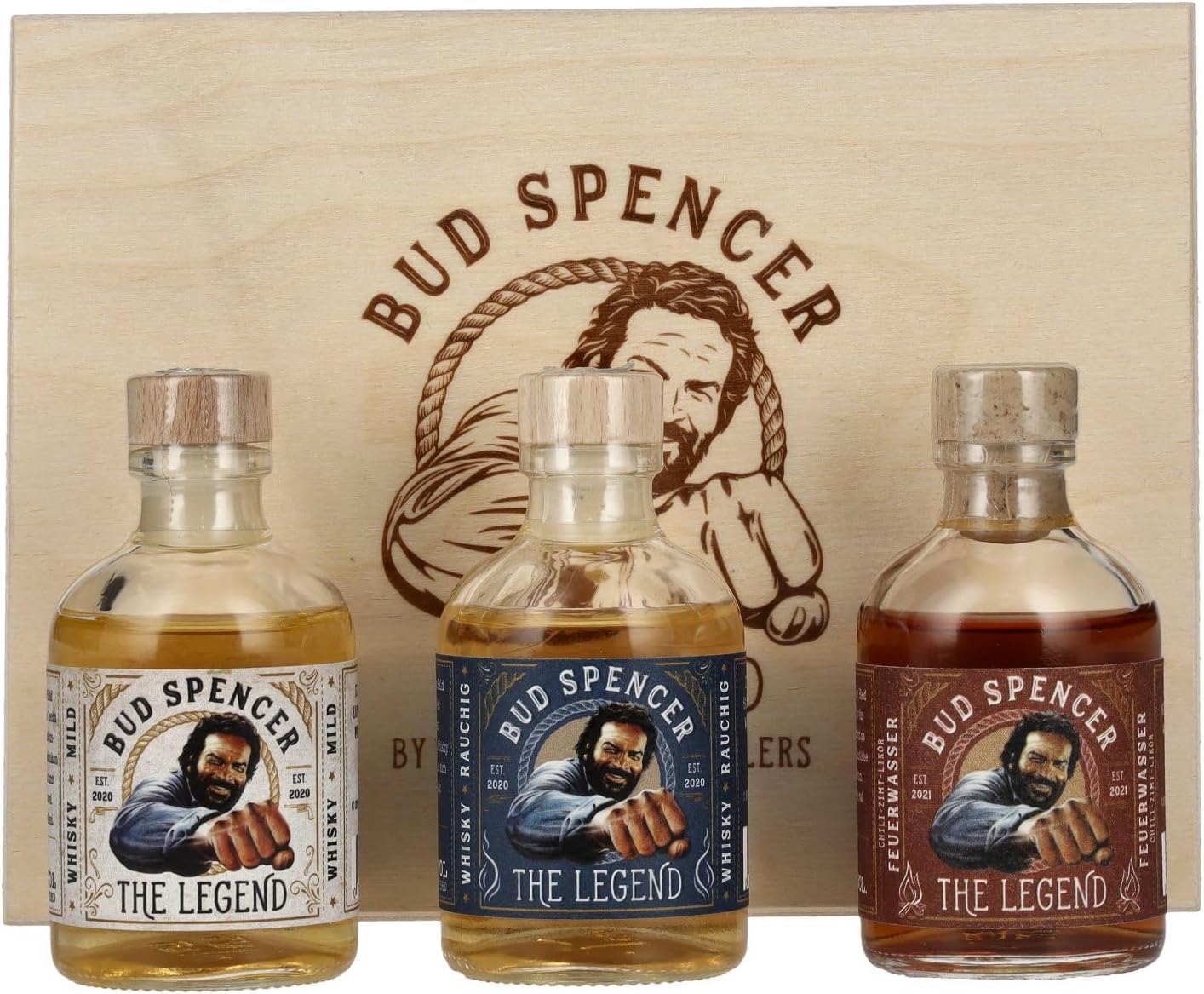 Bud Spencer Whisky & Likör Geschenk Box - [Premium Set 3 x 50ml] Bud Spencer THE LEGEND Miniset 42,7% Vol. - Whiskey und Likör aus ausgewählten Fässern - Bud Spencer und Terence Hill Fanartikel