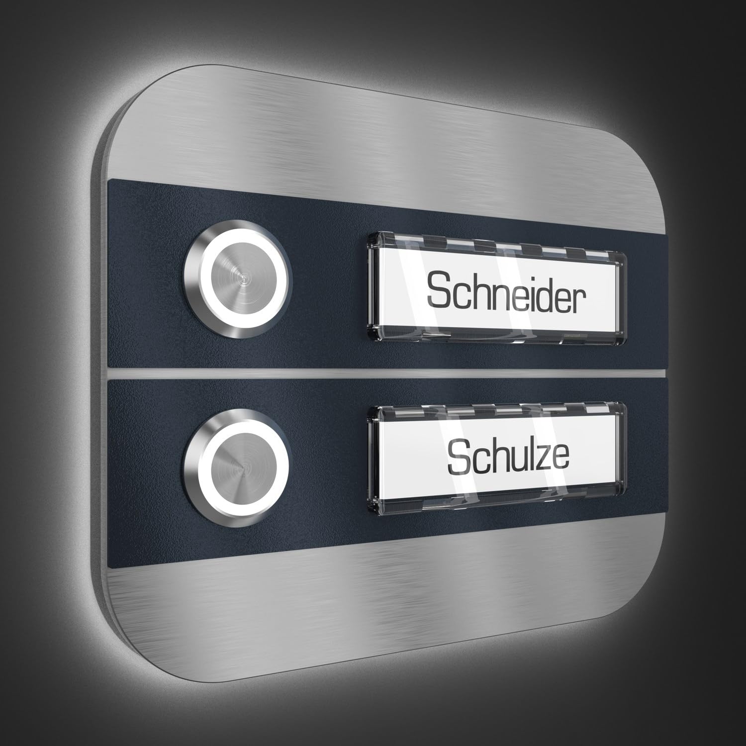 Mehrfamilien Aufputz Türklingel mit LED Taster 2 Namensschilder - V2A Edelstahl Klingel 140x115 mm - Name Beleuchtung wählbar für Haustür Zweifamilienhaus