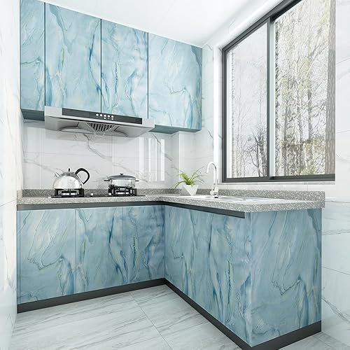 Vista 6 de Papel adhesivo de mármol azul dorado para despegar y pegar, papel tapiz de textura de granito de 16 x 78.7 pulgadas, autoadhesivo brillante, Azul