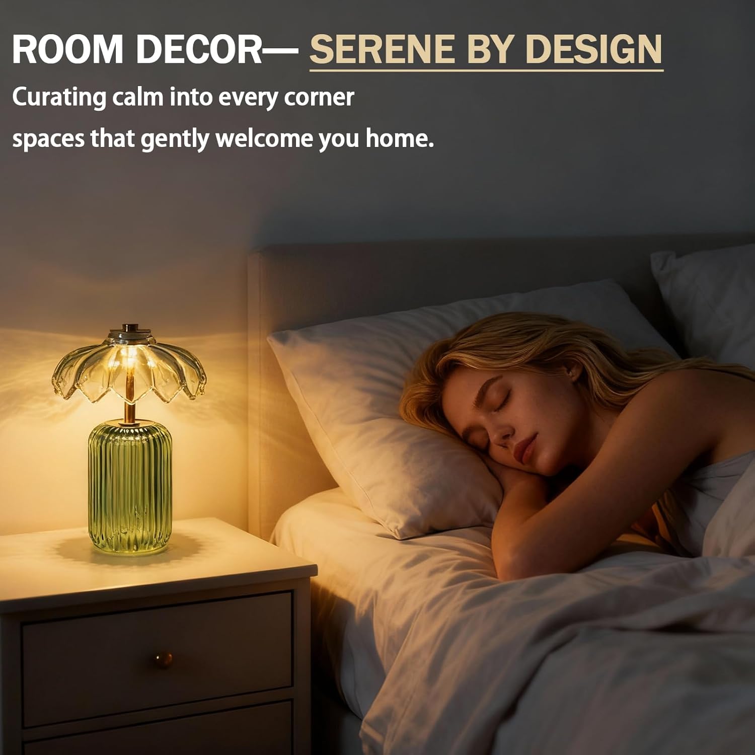 MJ PREMIER Cordless Lamp, Battery Operated Lamp with Timer, Crystal Glass Flower Lampshade, Small Table Lamps, Decorative Led Light for Bedroom Living Room Shelf (S-Green)