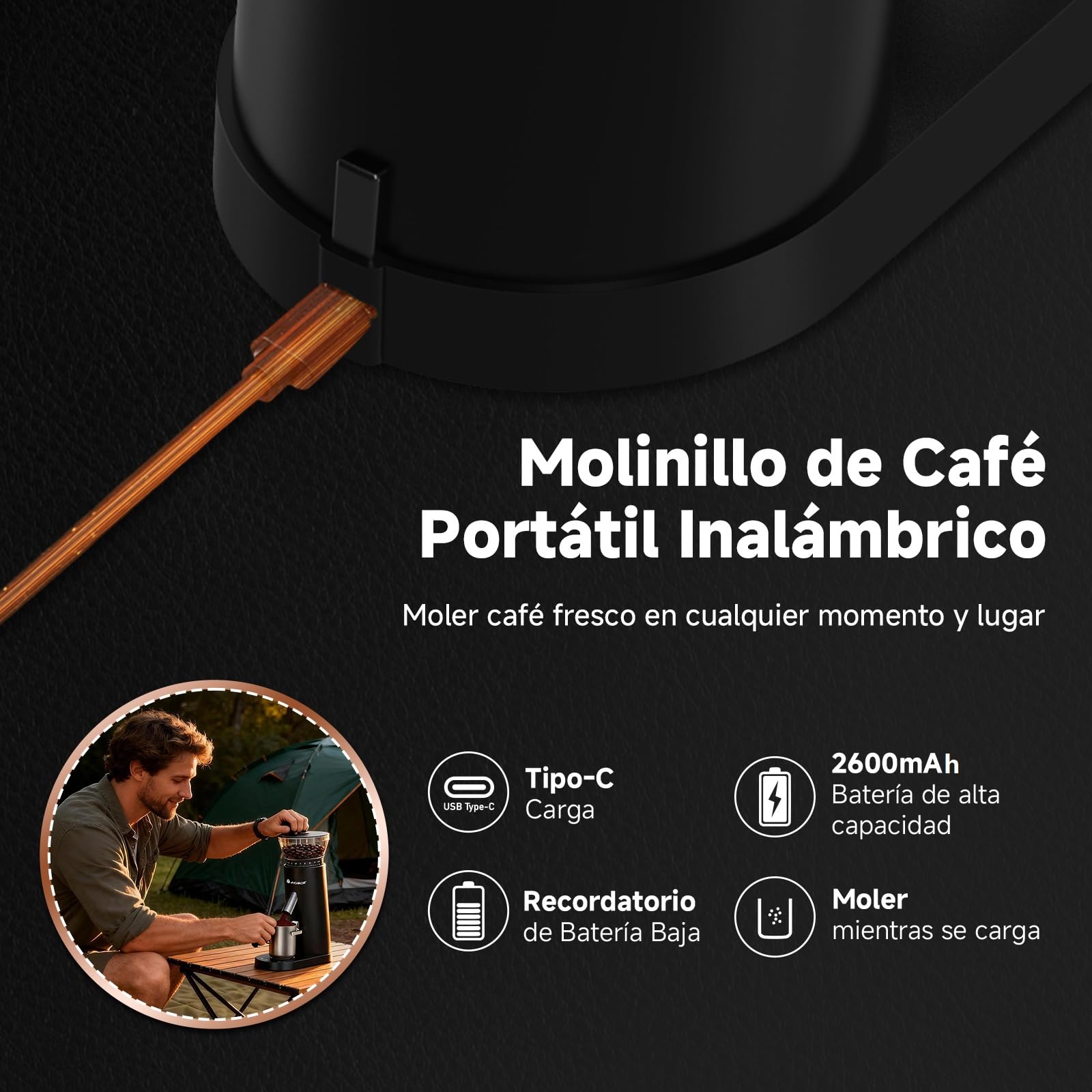 AAOBOSI Molinillo Café Eléctrico, Máquina de Café Portátil 110W, Batería 2600mAh, Máquina de Café con 60 Niveles de Molienda Personalizados, Incluye Portafiltro para Máquinas de Café Espresso