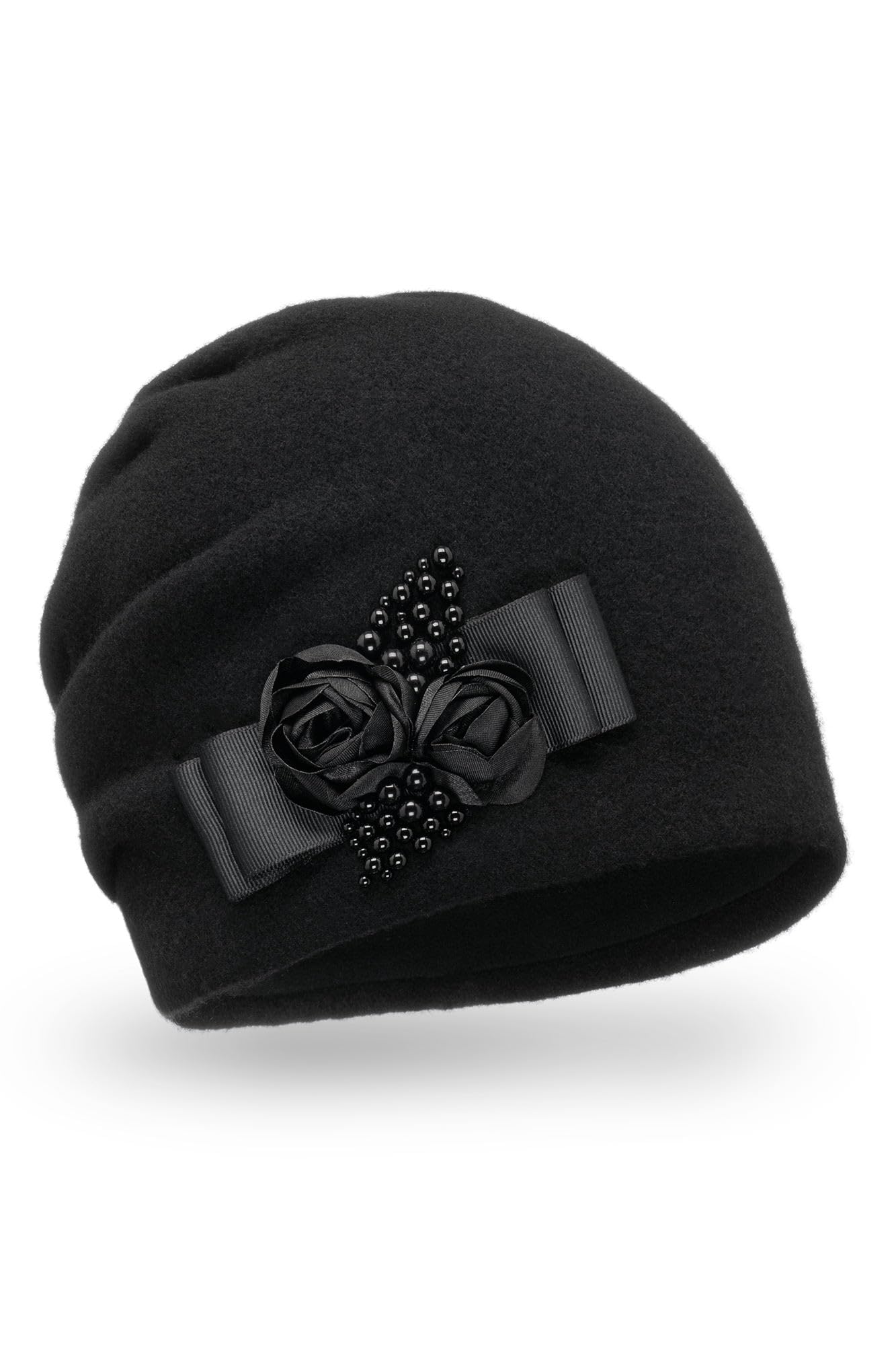 Vivisence Cappello Donna Elegante Fatto A Mano in Alpaca di con Piega Decorativa E Fodera in Pile Applicazione di Rose in Raso E Perle Antistatico Perfetto per l'inverno Idea Regalo