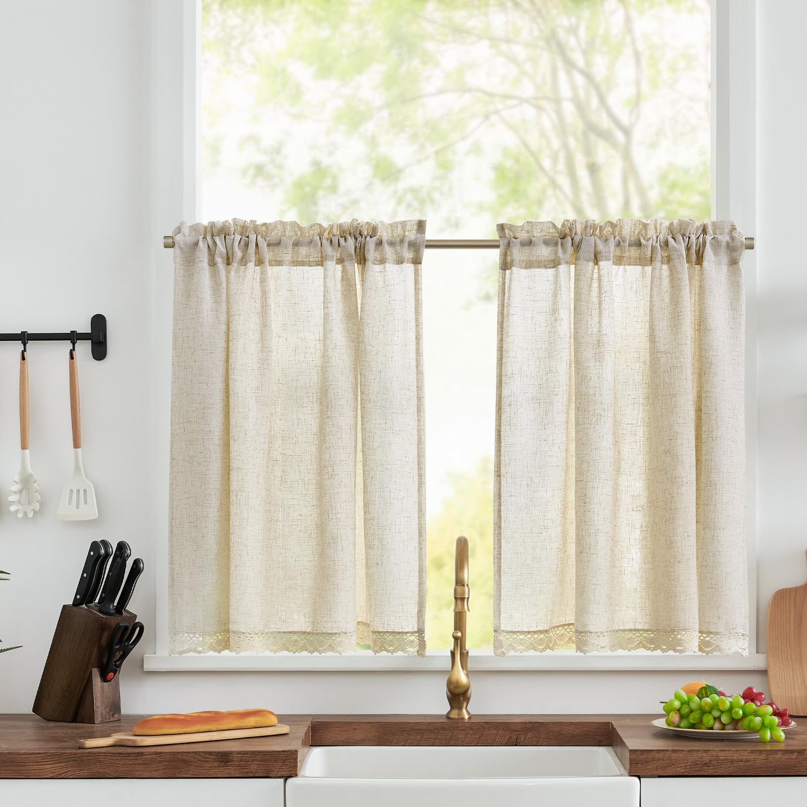 TOPICK Kitchen Lace Curtains 30 Inch Length, Linen Textured Bathroom Window Curtains, Short Cafe Curtains for Small Window Treatment, Solid Pattern, 2 Panels with Rod Pocket, Crude โ image 1