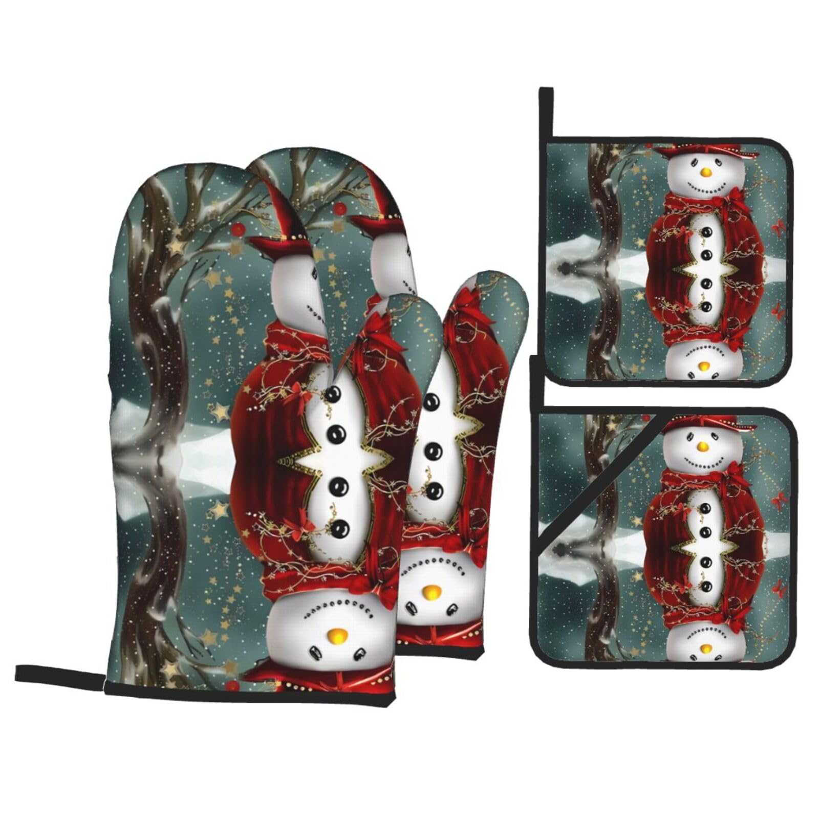 WHJSHOP Christmas Snowman Prints Oven Mitts & Pot Holders Set - Waterproof Kitchen Layers & Heat Resistant - Durable Covers for Safe Cooking & Easy Cleanup