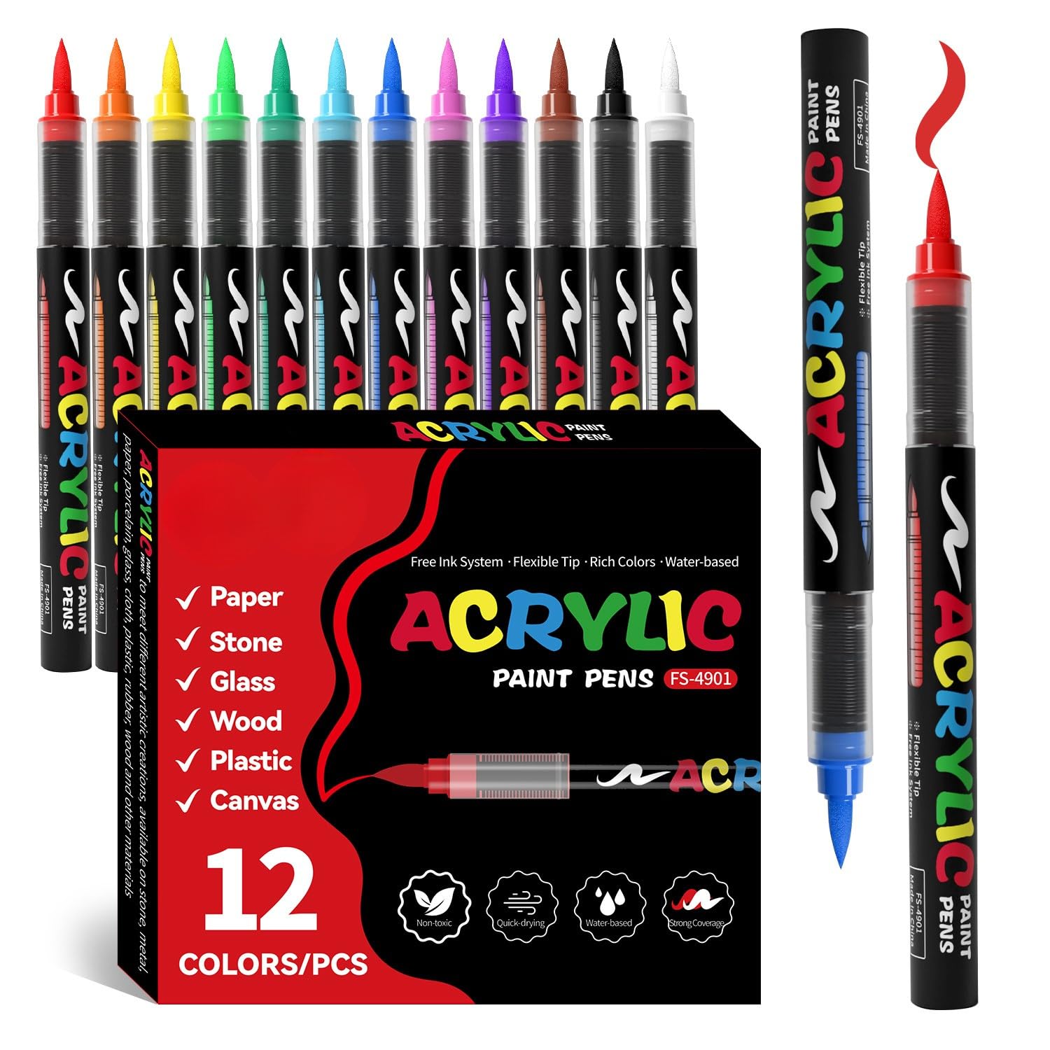Genérico Rotuladores Acrílicos 12 Colores – Marcadores Punta Fina Flexible – Tinta al Agua para Piedra, Madera, Cristal, Papel, Plástico y Lienzo – Set de Pintura para Manualidades y DIY