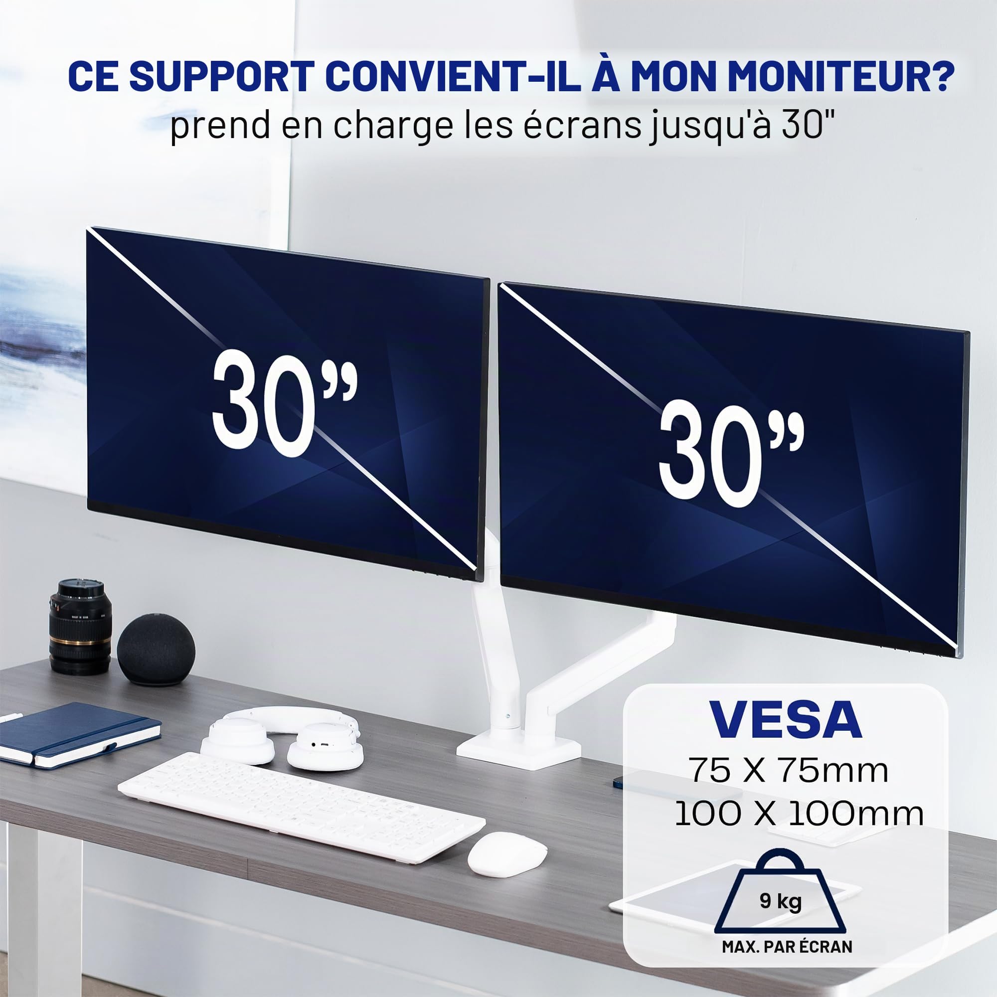 Vivo STAND-V102OW Support articulé à Double Bras pneumatique à Ressort pour 2 écrans avec VESA Max 100 x 100 cm Blanc
