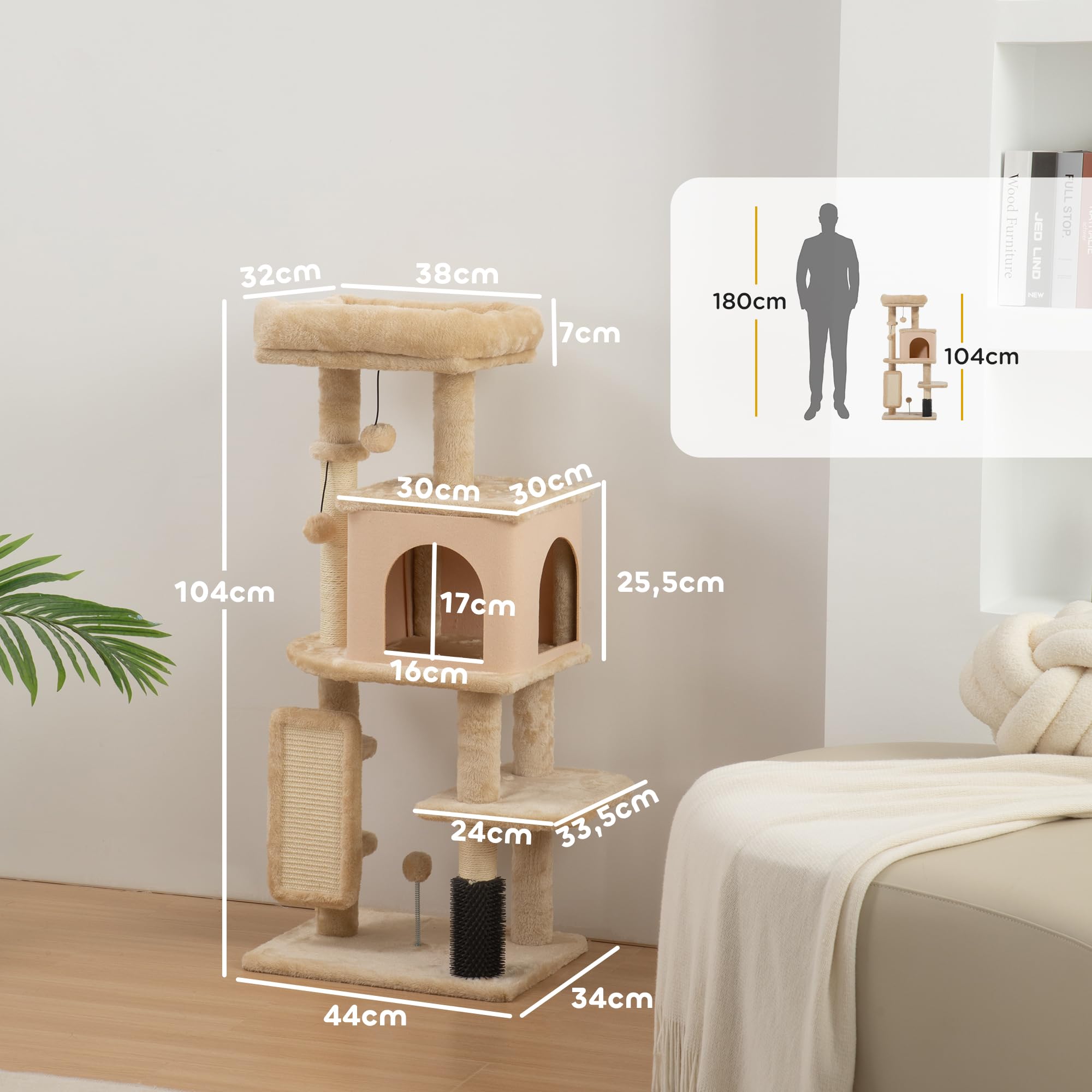 PawHut Árbol Rascador para Gatos - Altura 104 cm con Plataformas, Bolas Colgantes y Almohadilla para Rascar - Beige