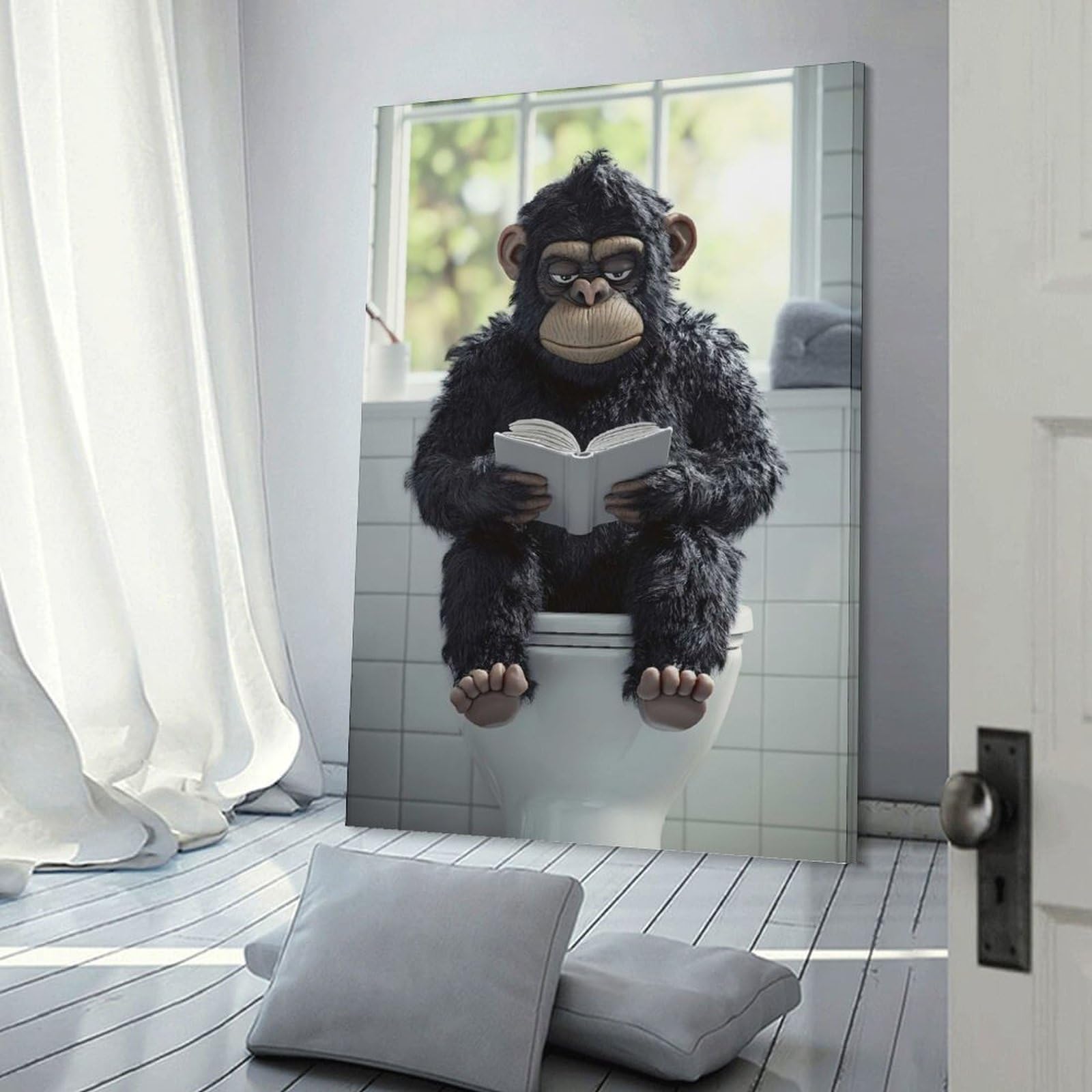 Junmoney Chimpanzee Reading on The Toilet Canvas Wall Decor, 20x30inch(50x75cm), for Apartment Walls, Studios Or Work Areas, Decorative Canvas Decor for Home Updates