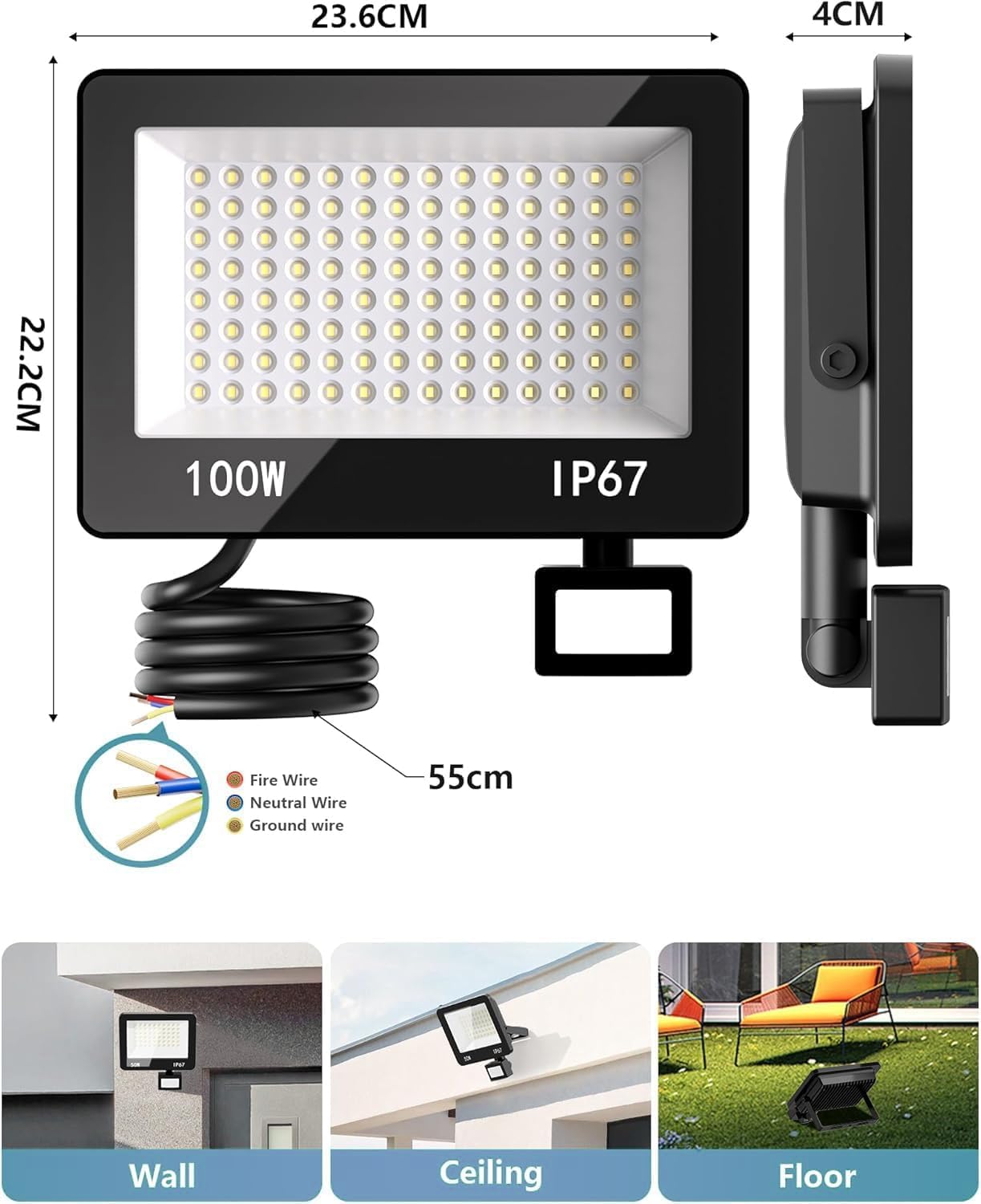 LED Strahler Mit Bewegungsmelder Außen 2 Stücke, 100W 10000LM LED Scheinwerfer 220-240V, 6500K Kaltweiß Aussenstrahler Fluter, IP67 Wasserdicht Außenlampe für Garage Einfahrt Garten Hof