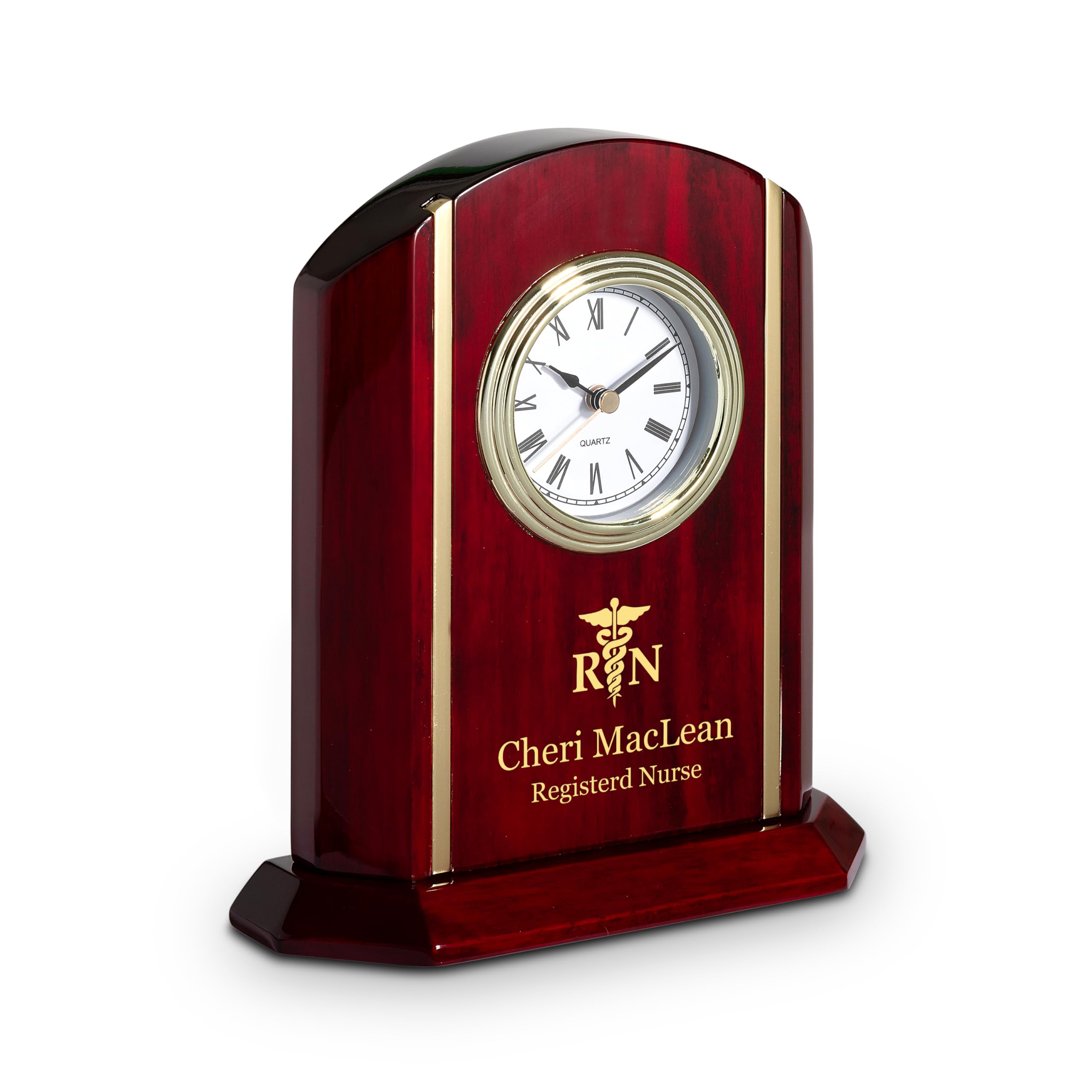 Executive Gift Shoppe | Elite Collection Nurse Theme Personalized Rosewood Desk Clock with Gold Accents