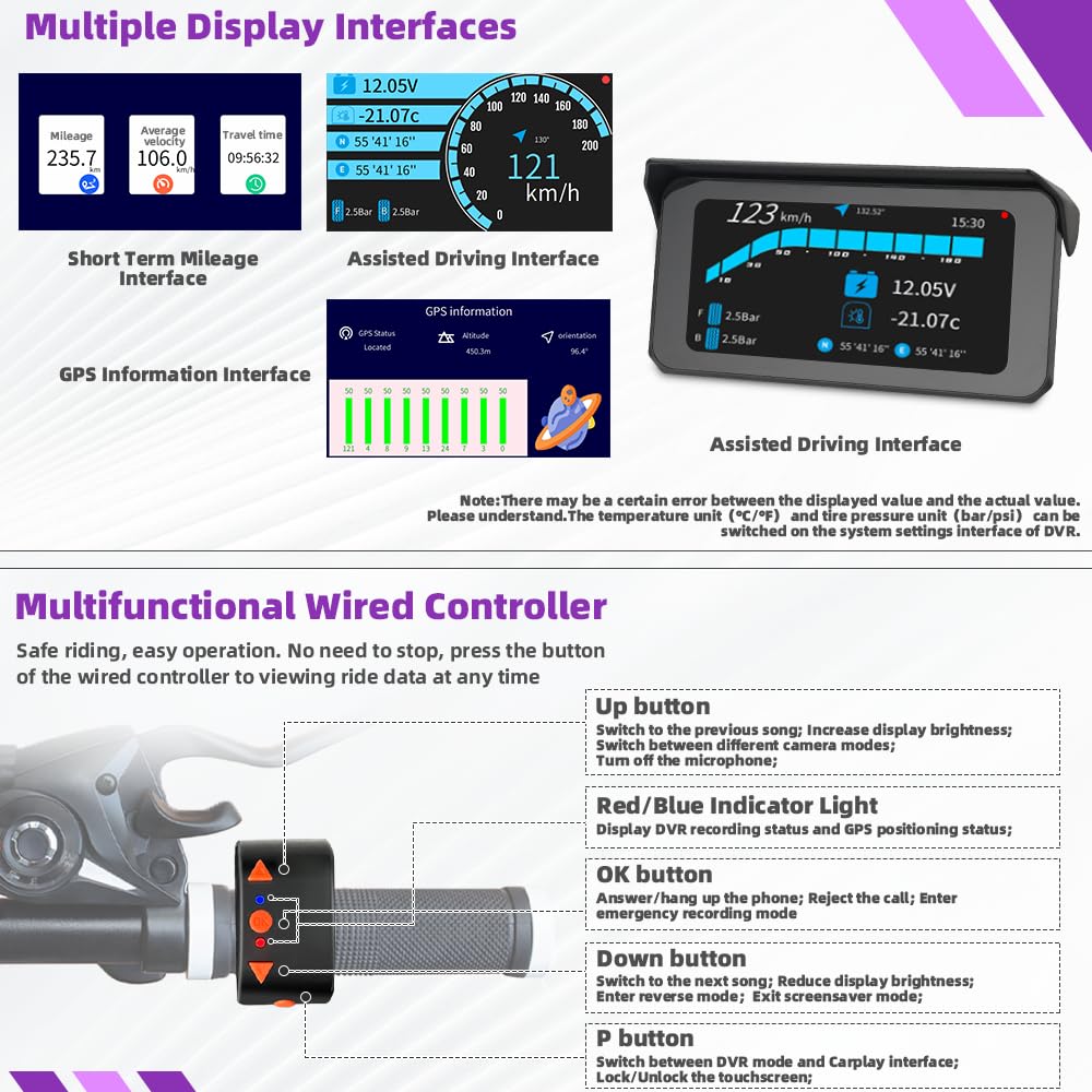 VSYSTO Dual 2K Wireless Carplay Motorrad Dashcam, 6,25 Zoll Touchscreen, 5G WLAN, Parküberwachung, Reifendrucküberwachung, Rückfahrmodus, GPS, kabelgebundener Controller, Temperaturanzeige (CS6)