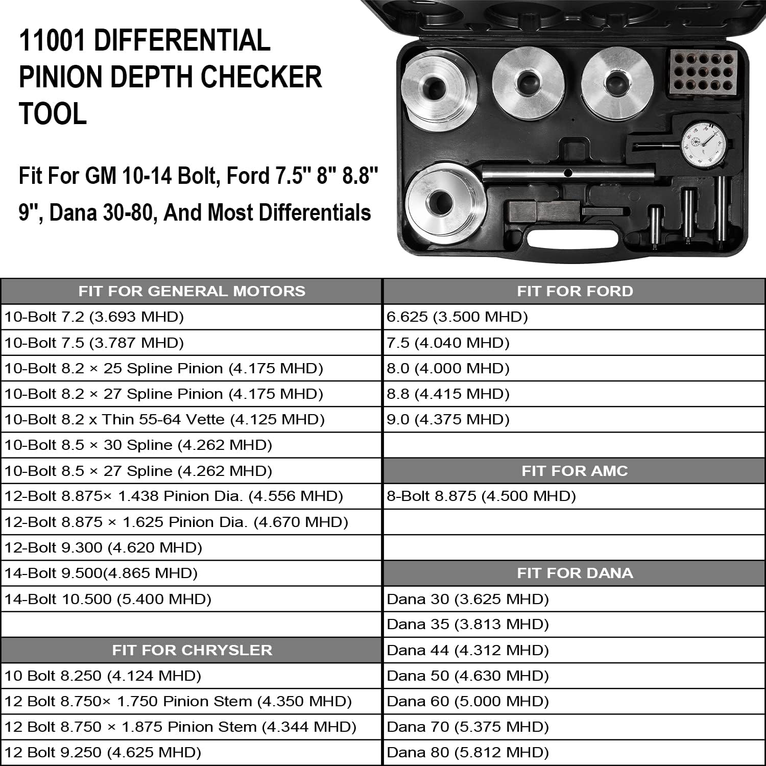 11001 Differential Pinion Depth Gauge Checker Service Tool Kit Fit For GM 10-14 Bolt, For Ford 7.5'' 8'' 8.8'' 9'', For Dana 30-80, For AMC 8 Bolt, And Most Differentials