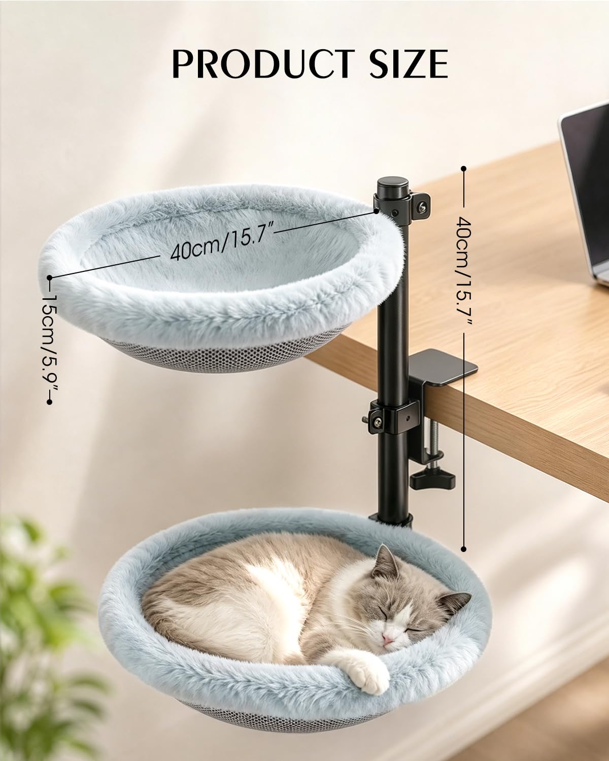 Doppel Katzenbett für Schreibtisch Höhenverstellbar 360° Drehbar Katzen Hängematte Doppelstöckig mit 2 Bezügen Mesh & Kunstfell Stabiler Stahlrahmen bis 30kg Büro Home Office