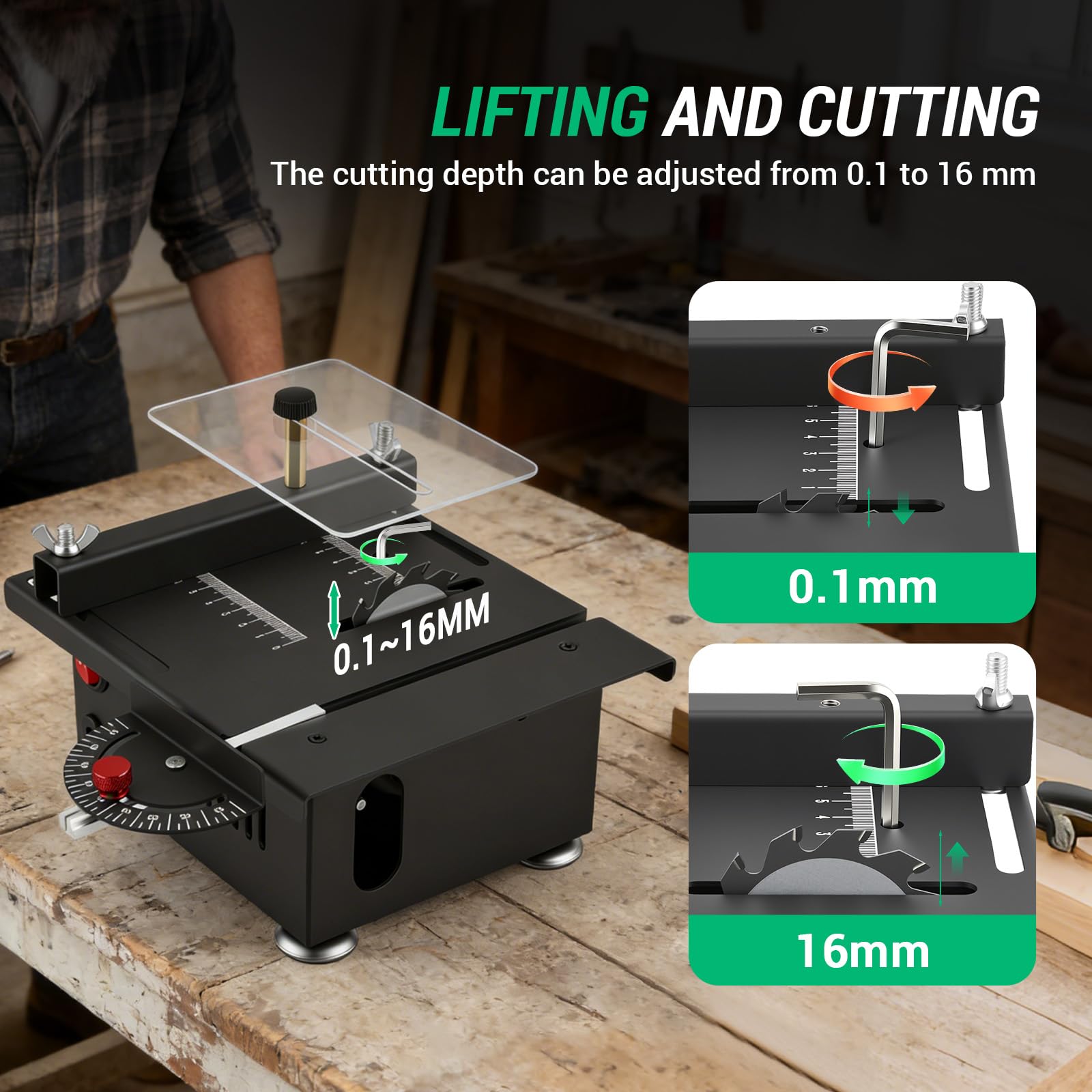 Mini Taglierina Circolare da Tavolo con 4 Lame 100W, con Alimentatore a 7 velocità, Altezza della Lama Regolabile da 0,1 a 16 mm, taglierina Circolare Multifunzionale e Portatile