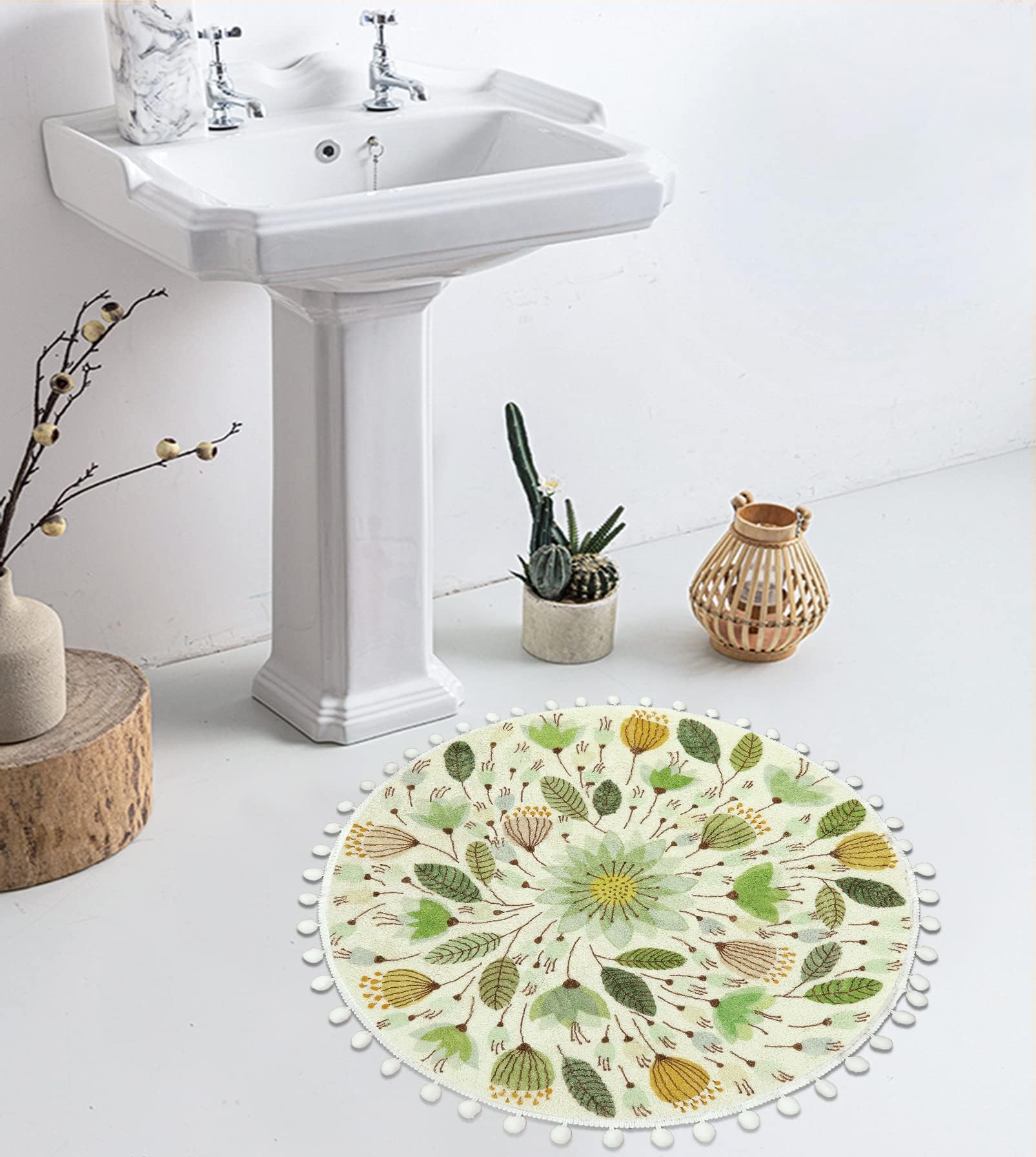 Uphome Runder Teppich, kleine Badematte mit Pompon-Borte, florales Pflanzendesign, waschbar, weich, rutschfest, für Dusche, Waschbecken, Gästebad, Babyzimmer, Schlafzimmer, Tisch, Grün, 61 cm