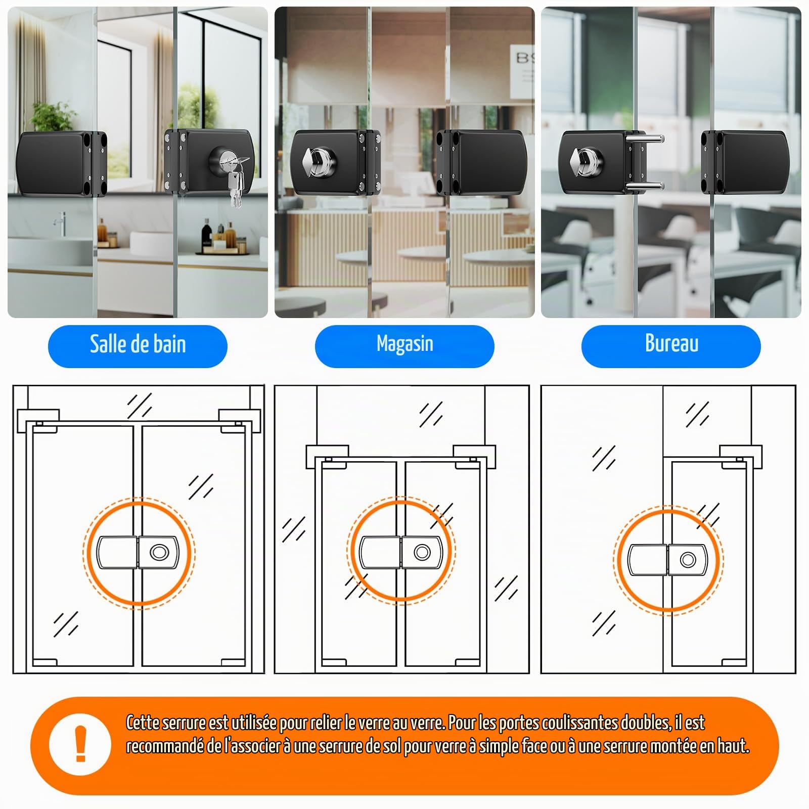 Serrure pour Porte en Verre Sans Perçage en Acier Inoxydable 304, Finition Noir Mat, Double Verrouillage Clé et Bouton, Sécurité Renforcée pour Verre Trempé 10–12 mm, Maison Bureau Salle de Bain
