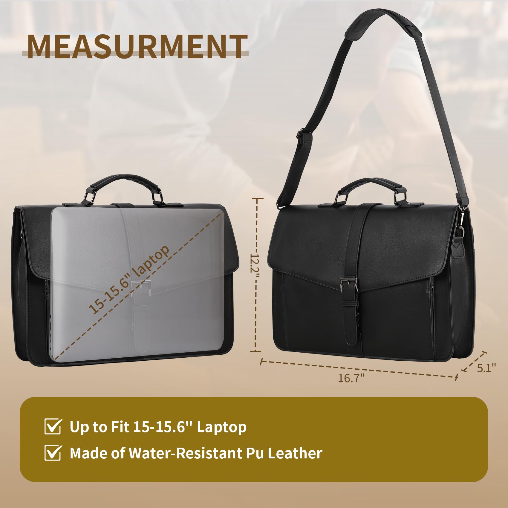ESTARER Men's Leather Briefcase 15.6 Inch Laptop Computer Bag for Office/Business/Travel, Large Satchel Professional Pu Leather Messenger Shoulder Bag, Black : Electronics