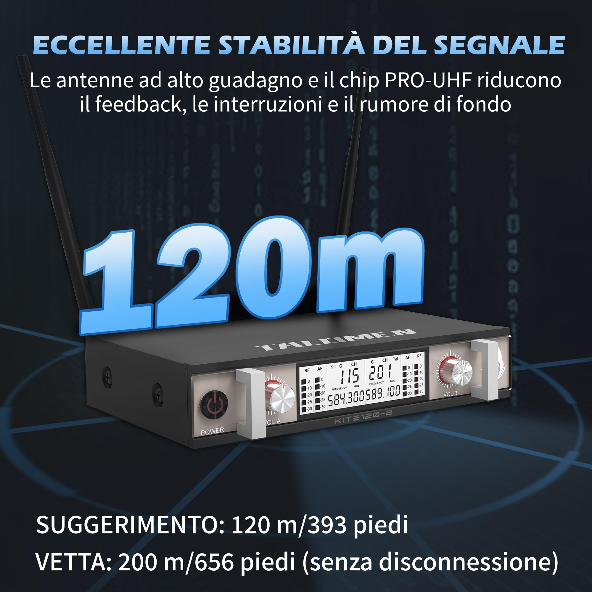 talomen Set Microfoni Wireless UHF, 2 Microfoni Dinamici a Mano in Metallo, Auto Scan, Portata 120 m, Ricevitore a Doppio Canale, Ideale per Canto, Karaoke, Feste, DJ, Chiesa – K120 Nero