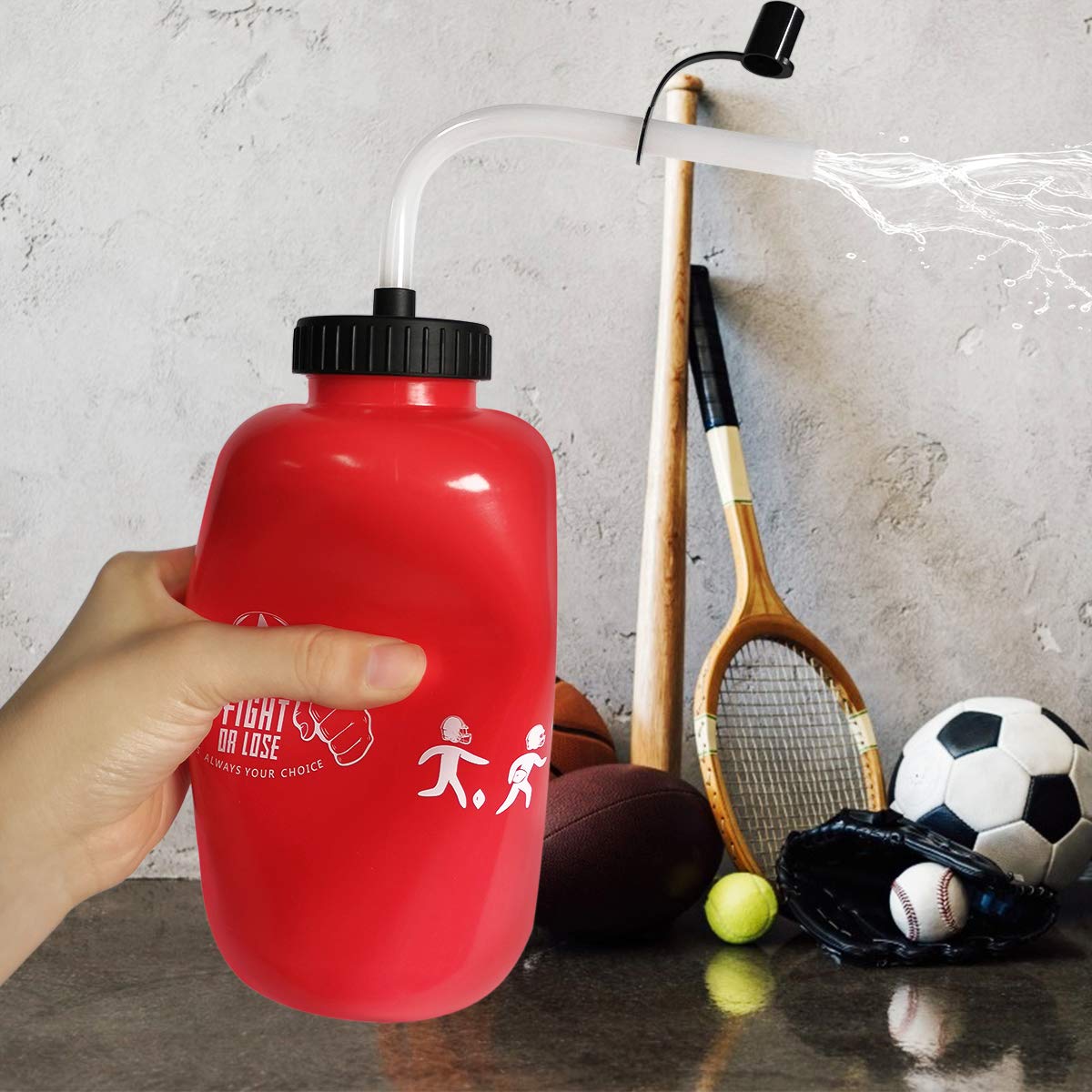 Butelki na wodę hokejową z długą słomką, pasują do piłki nożnej, lacrosse na siłownię, plastikowe, szczelne, bez BPA, bez dziwnego zapachu, łatwe do czyszczenia, 1 litr 3 słomkowe zatyczki, czerwone)